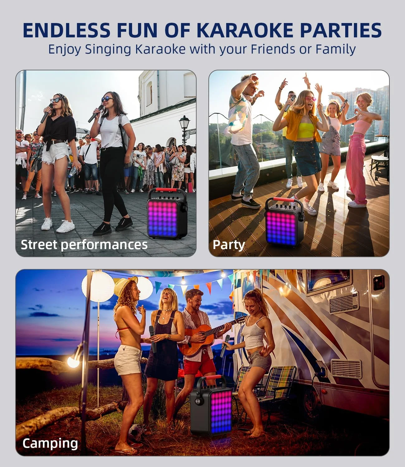 دستگاه کارائوکه با 2 میکروفون بی سیم، بلندگوی بلوتوث قابل حمل با سیستم PA برای بزرگسالان و کودکان با چراغ های LED، تنظیم بیس/تریبل، پشتیبانی از REC/TWS/FM/AUX/USB/IF Card