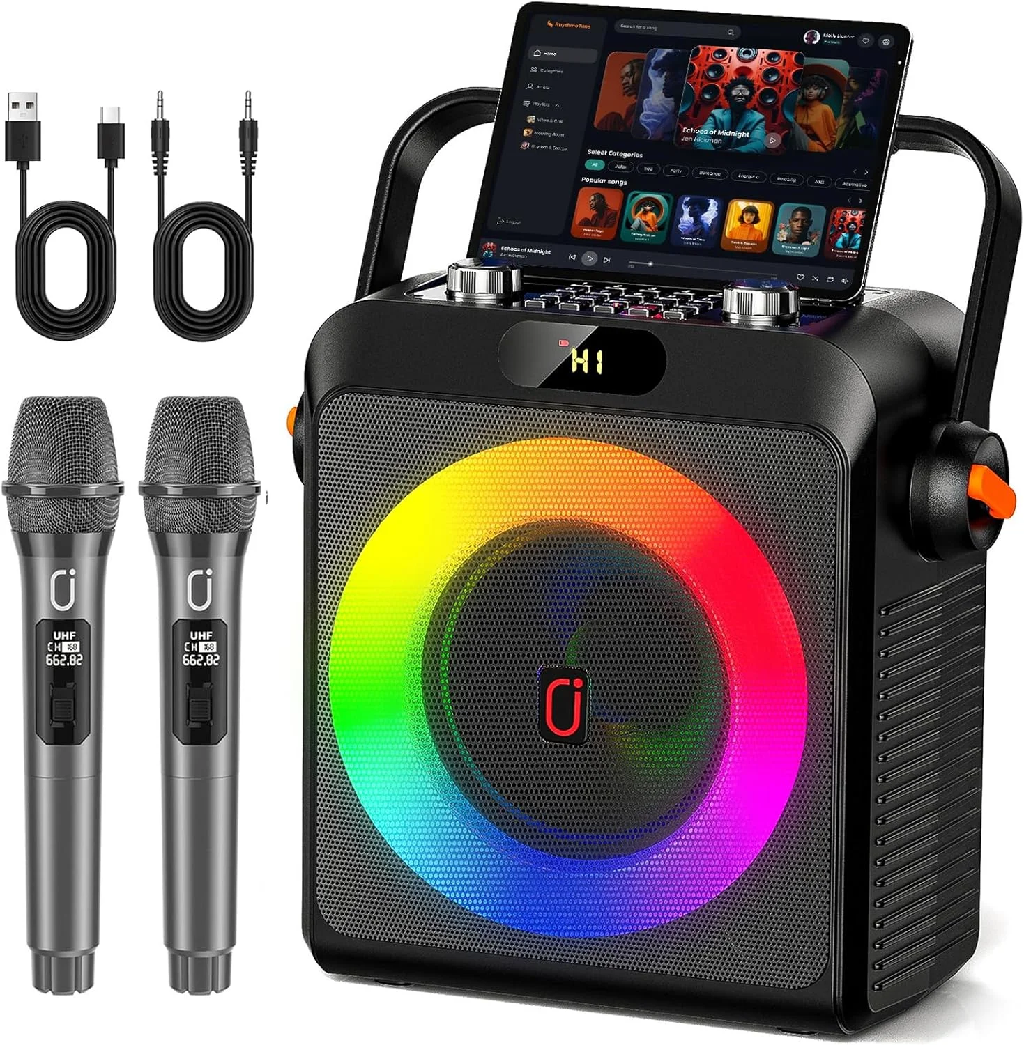 دستگاه کارائوکه با 2 میکروفون بی سیم برای بزرگسالان، بلندگوی بلوتوث 5.3 با ساب ووفر ارتقا یافته، تقویت کننده باس | سیستم PA مهمانی خانگی، گردهمایی های فضای باز، پشتیبانی از TV/AUX/USB/TF Card/Live