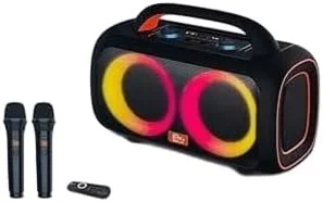 دستگاه کارائوکه با 2 میکروفون بی سیم، بلوتوث، اسپیکر قابل حمل قدرتمند مناسب فضای باز با تقویت بیس قوی، صدای عالی و نورهای رنگارنگ.