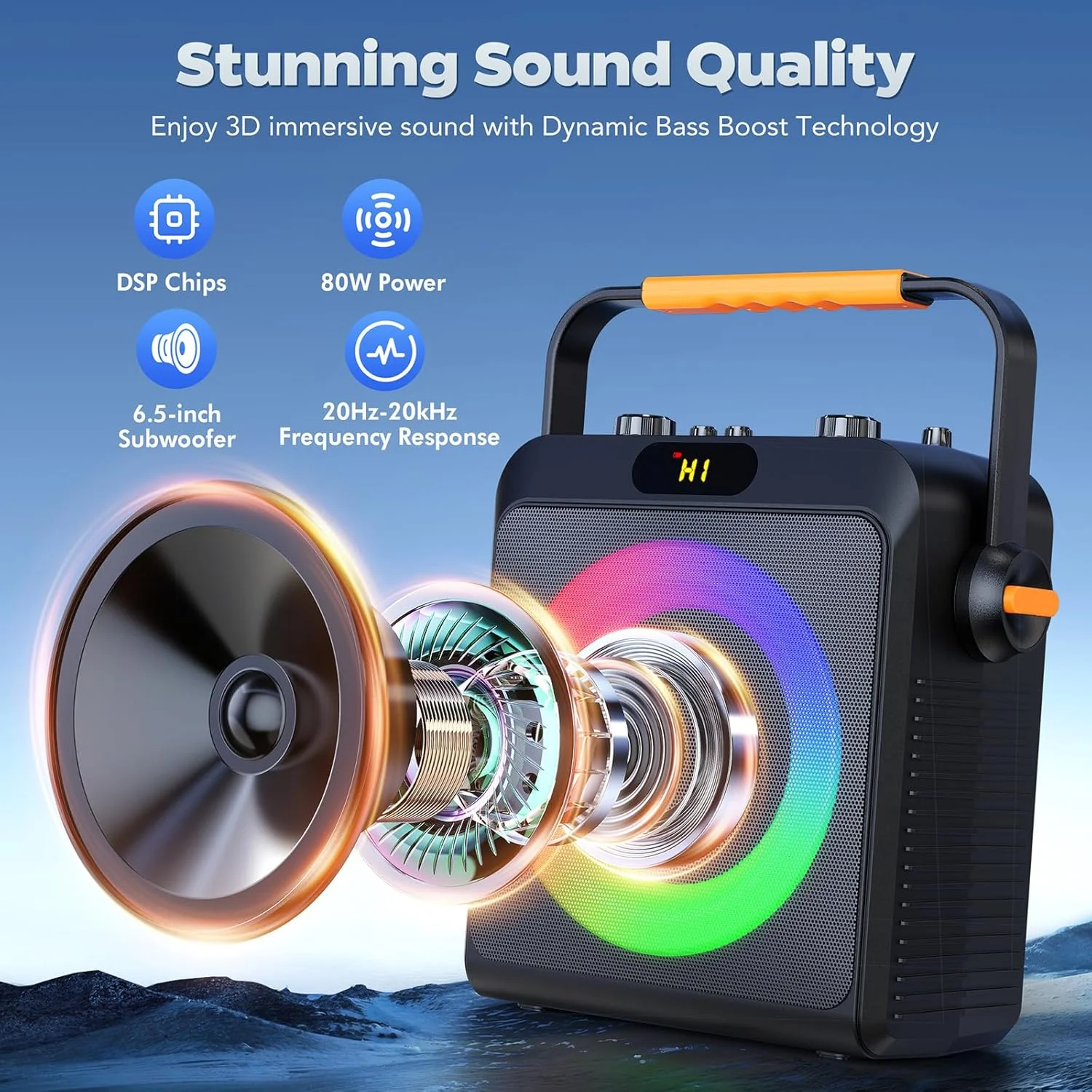 دستگاه کارائوکه با 2 میکروفون بی سیم برای بزرگسالان، بلندگوی بلوتوث 5.3 با ساب ووفر ارتقا یافته، تقویت کننده باس | سیستم PA مهمانی خانگی، گردهمایی های فضای باز، پشتیبانی از TV/AUX/USB/TF Card/Live