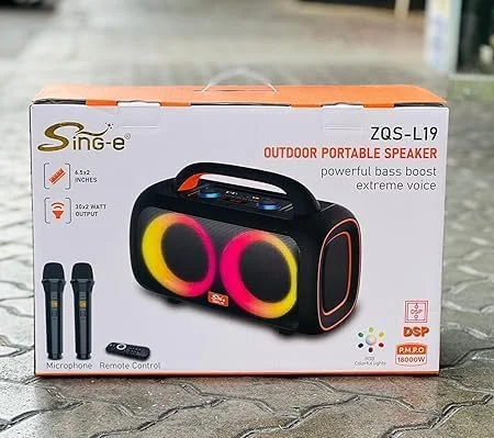 دستگاه کارائوکه با 2 میکروفون بی سیم، بلوتوث، اسپیکر قابل حمل قدرتمند مناسب فضای باز با تقویت بیس قوی، صدای عالی و نورهای رنگارنگ.