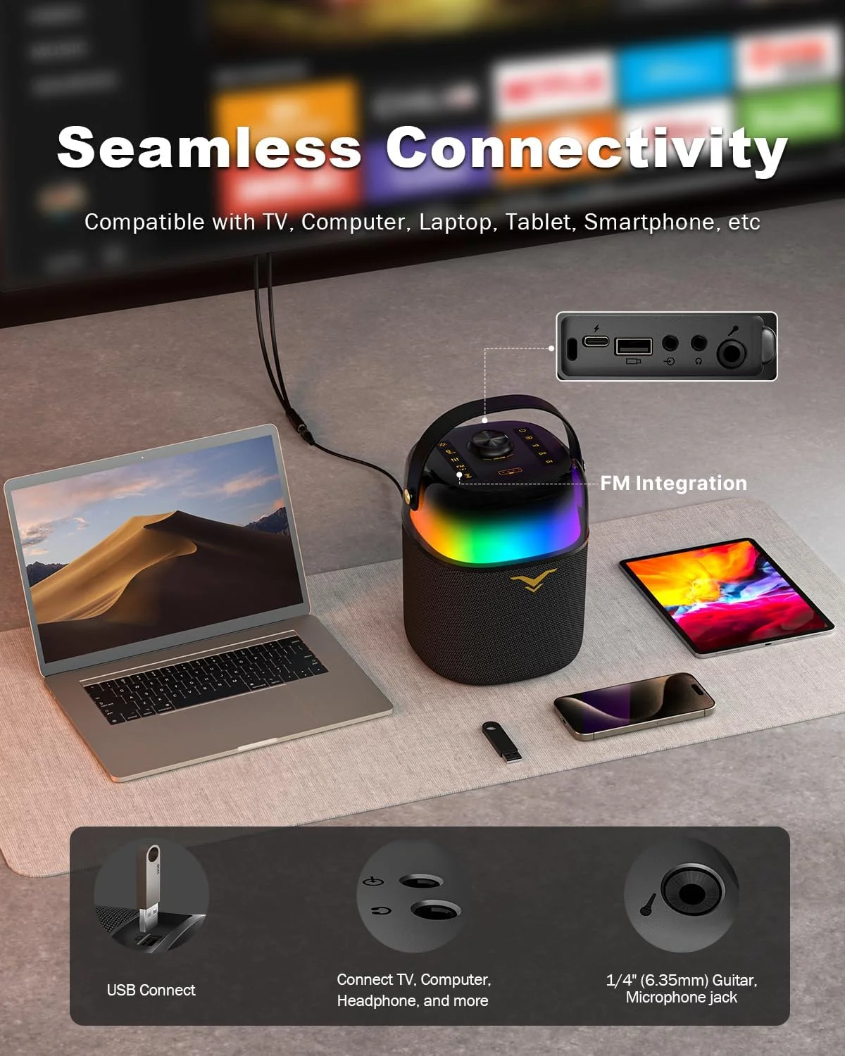 دستگاه کارائوکه برای بزرگسالان و کودکان با 2 میکروفون بی سیم، سیستم بلندگوی PA بلوتوث قابل حمل با قابلیت تنظیم Bass/Treble، چراغ های RGB برای مهمانی های خانگی، عروسی ها و جشن تولد