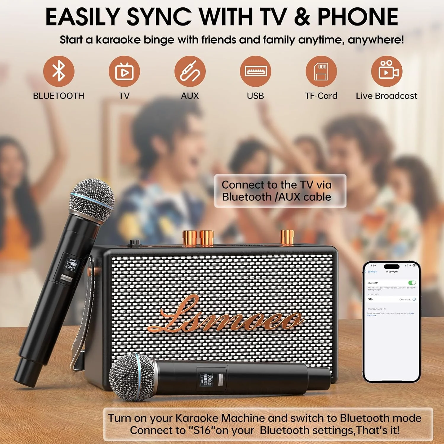 دستگاه کارائوکه برای بزرگسالان، 2 میکروفون بی سیم برای بلندگوی کارائوکه، میکروفون و بلندگوی قابل حمل با پشتیبانی از توسعه میکروفون چهار کاناله برای مهمانی خانگی، پیک نیک، ماشین، هدایای داخلی/وینتیج