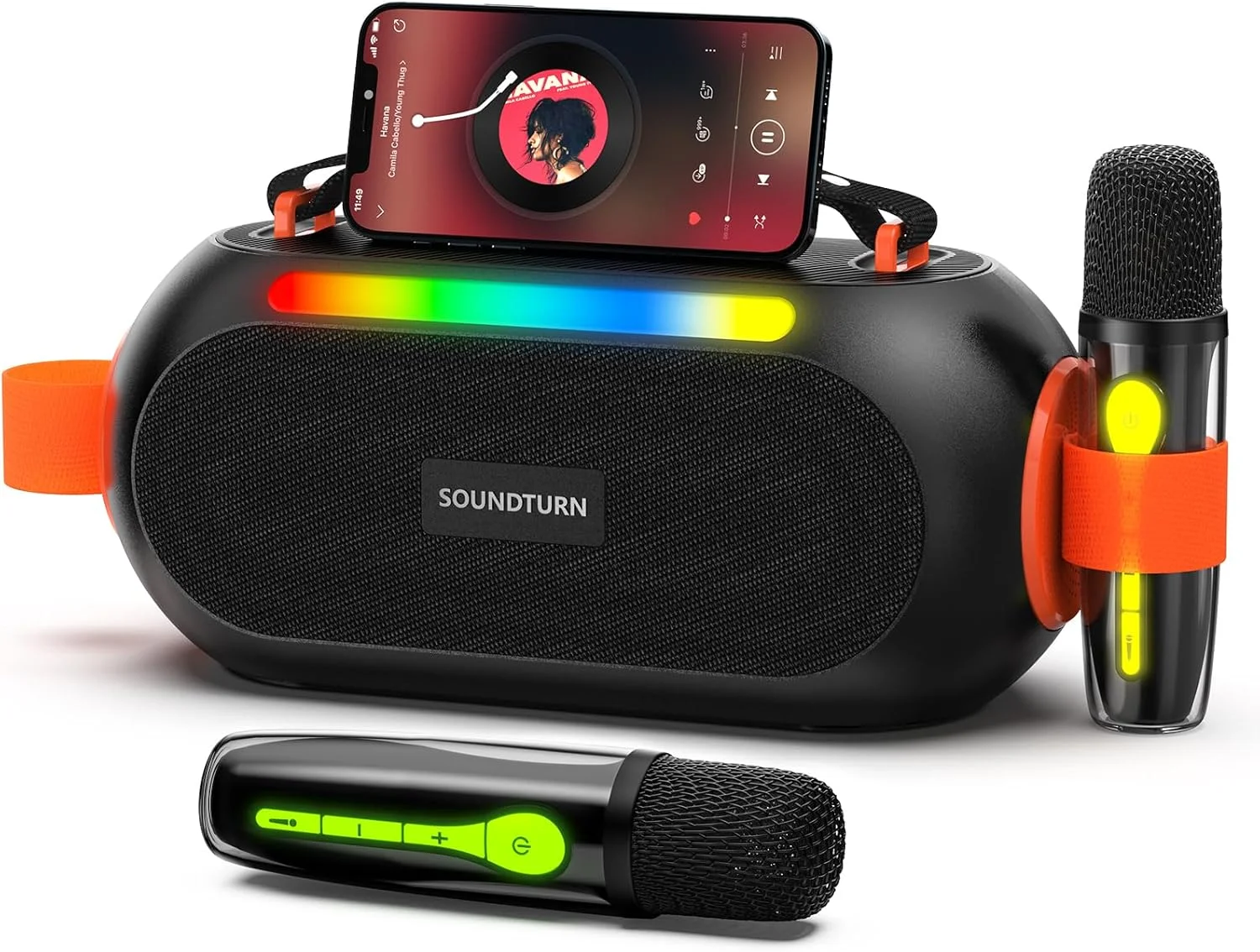 دستگاه کارائوکه با 2 میکروفون بی سیم، بلندگوی قابل حمل بلوتوث 5.3، صدای قدرتمند 30 واتی، حالت های تغییر صدا، ورودی USB، چراغ های LED، برای مهمانی های خانگی و فضای باز