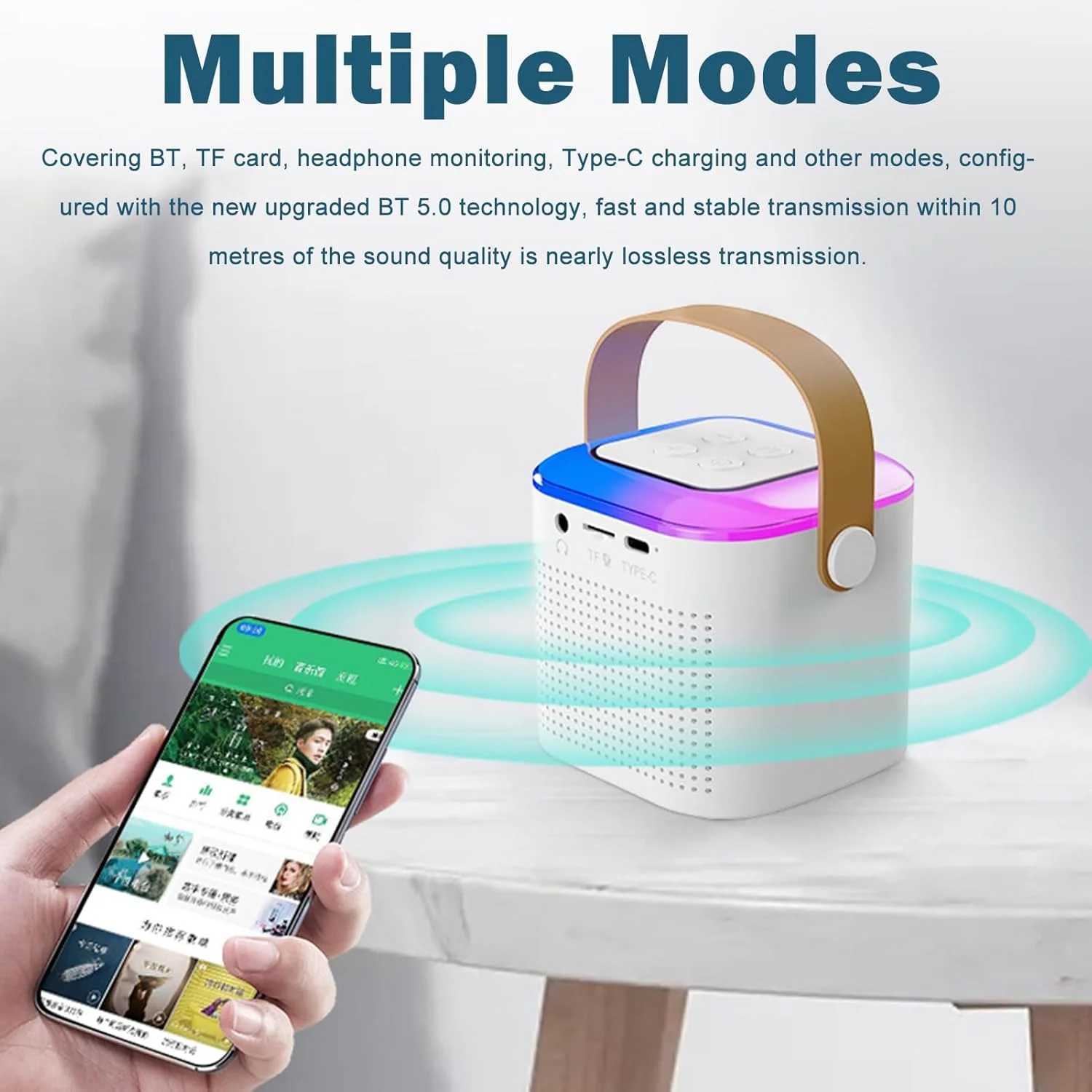 دستگاه کارائوکه قابل حمل با میکروفون بی سیم برای بزرگسالان و کودکان، اسپیکر BT 5.3 با نور RGB، پشتیبانی از کارت TF، Type C، هدفون، Auxin، مناسب مهمانی و جلسات