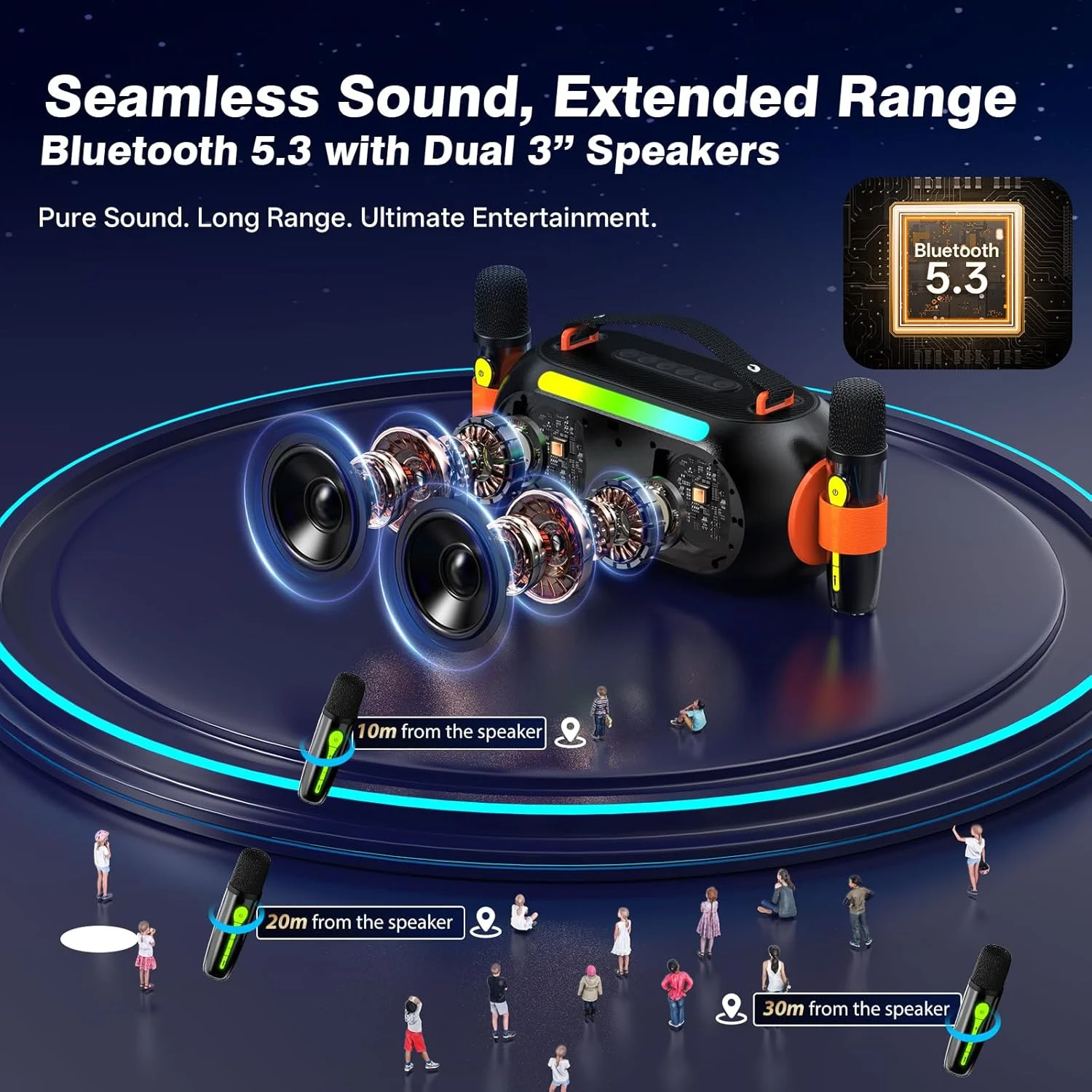 دستگاه کارائوکه با 2 میکروفون بی سیم، بلندگوی قابل حمل بلوتوث 5.3، صدای قدرتمند 30 واتی، حالت های تغییر صدا، ورودی USB، چراغ های LED، برای مهمانی های خانگی و فضای باز