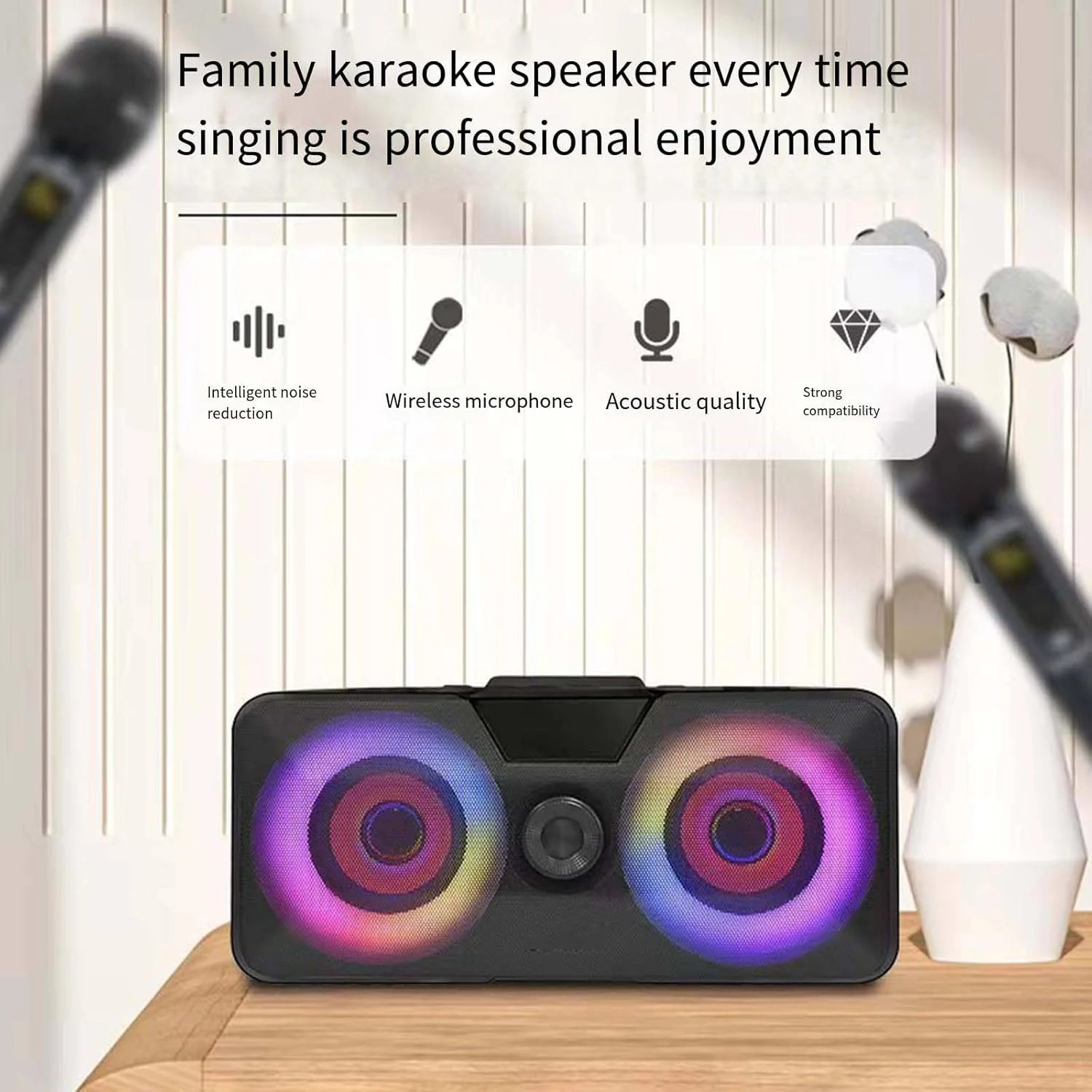 دستگاه کارائوکه خانگی قابل حمل با میکروفون بی سیم، اسپیکر بلوتوثی موبایل با دو میکروفون، مدل A