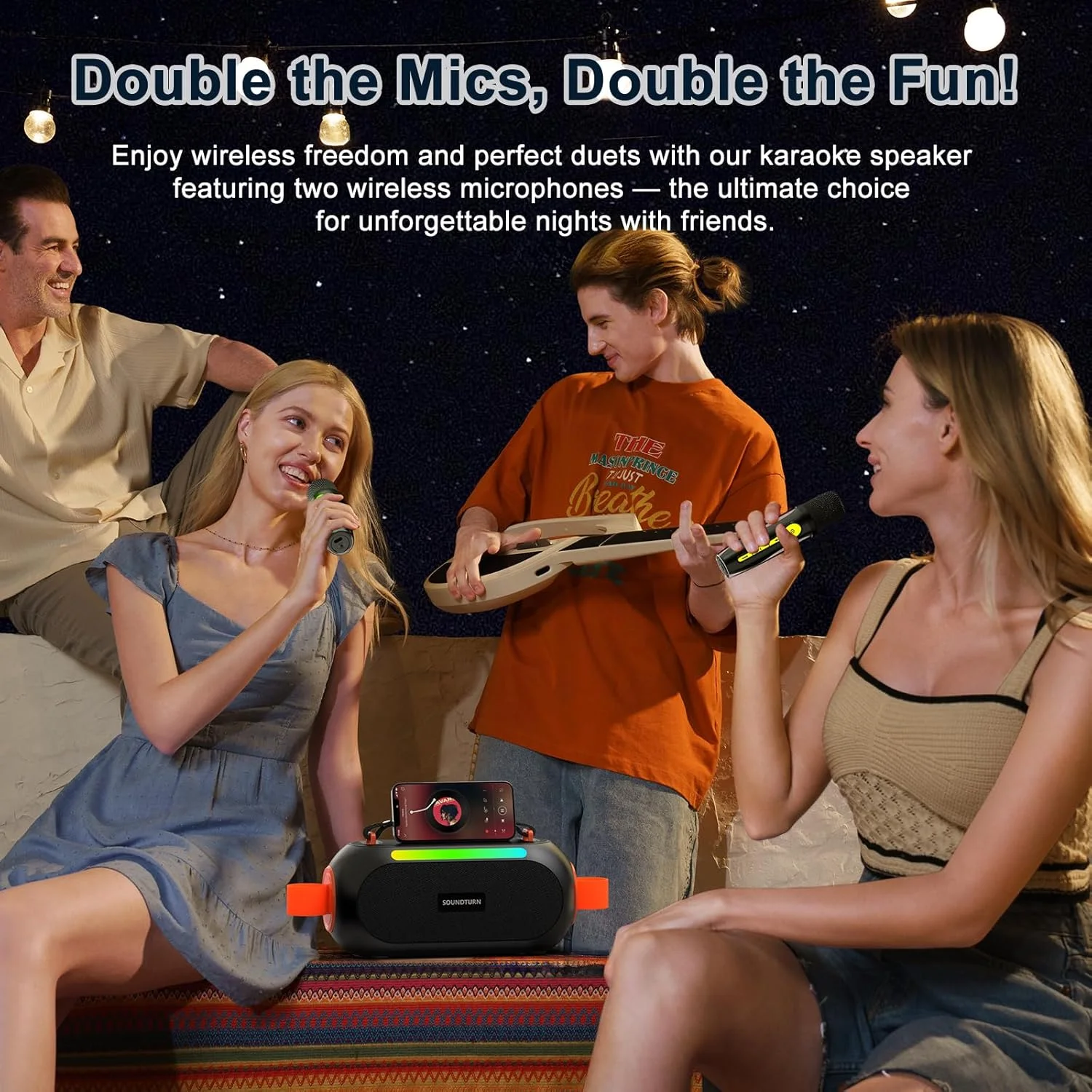 دستگاه کارائوکه با 2 میکروفون بی سیم، بلندگوی قابل حمل بلوتوث 5.3، صدای قدرتمند 30 واتی، حالت های تغییر صدا، ورودی USB، چراغ های LED، برای مهمانی های خانگی و فضای باز