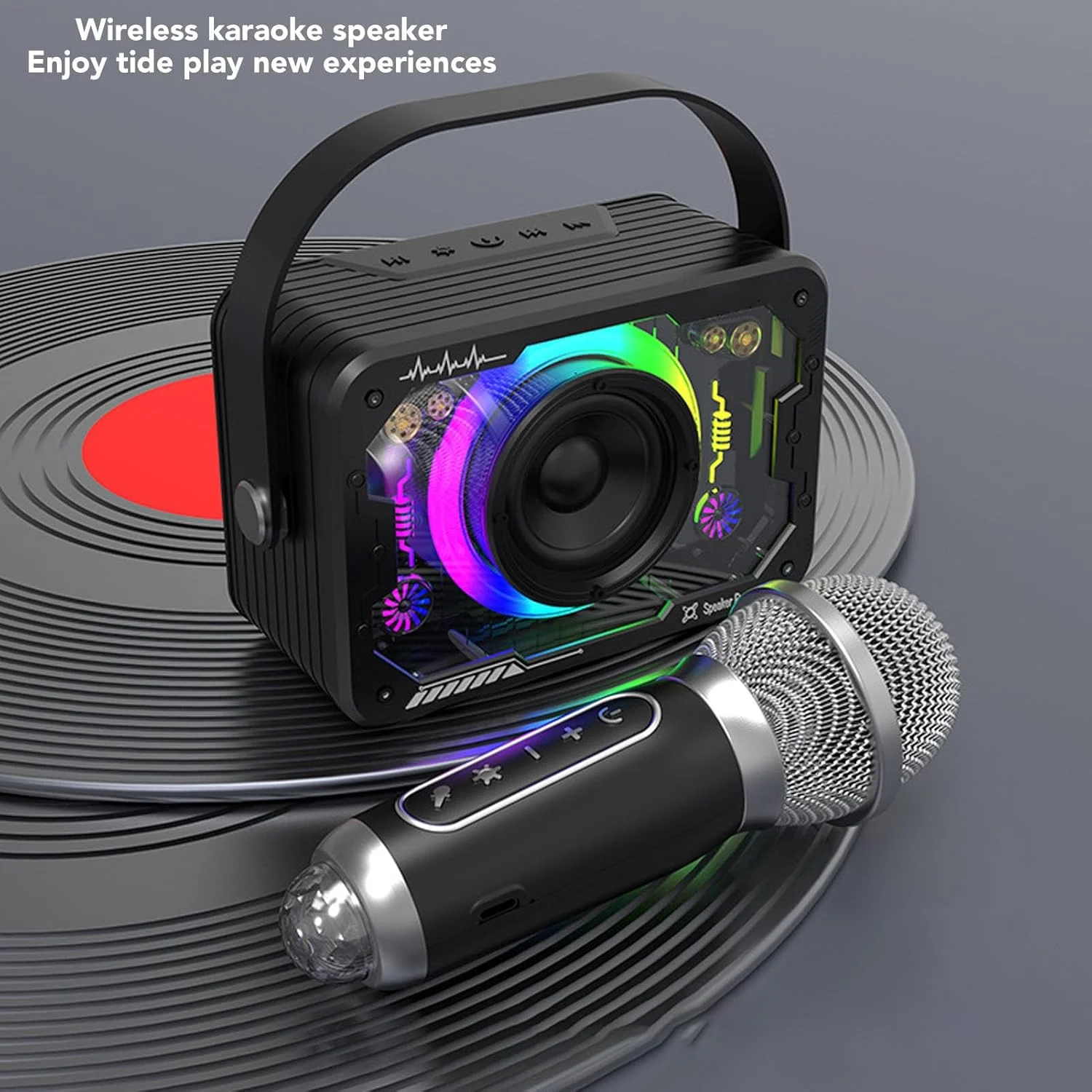 دستگاه کارائوکه کودکانه، اسپیکر بی‌سیم با میکروفون، دستگاه کارائوکه کوچک قابل حمل با ساب ووفر، کیفیت صدای با وضوح بالا (نقره ای)