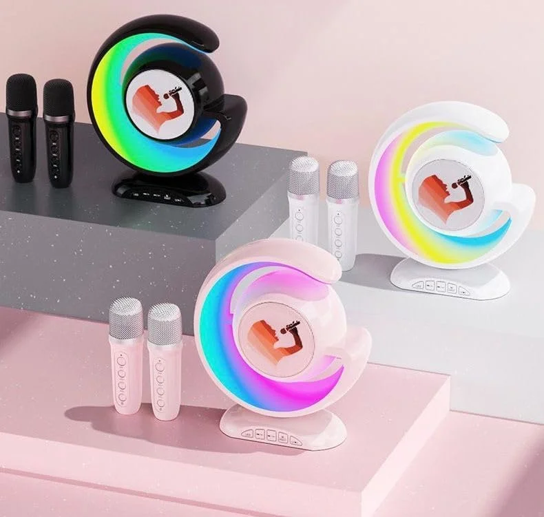 اسپیکر کارائوکه بی‌سیم با چراغ‌های رنگین‌کمانی LED، دارای دو میکروفون، موجود در 3 رنگ
