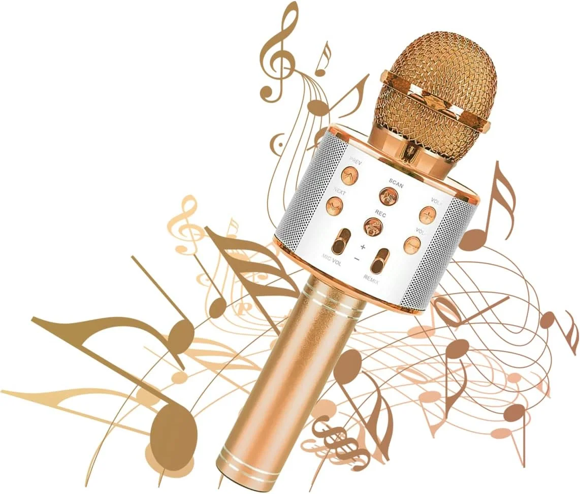 میکروفون کارائوکه بلوتوث بی سیم، دستگاه پخش کننده بلندگوی کارائوکه دستی بلوتوث قابل حمل برای کودکان، بزرگسالان، مهمانی های خانگی، سازگار با اندروید/آیفون/آیپد/رایانه شخصی (طلایی)