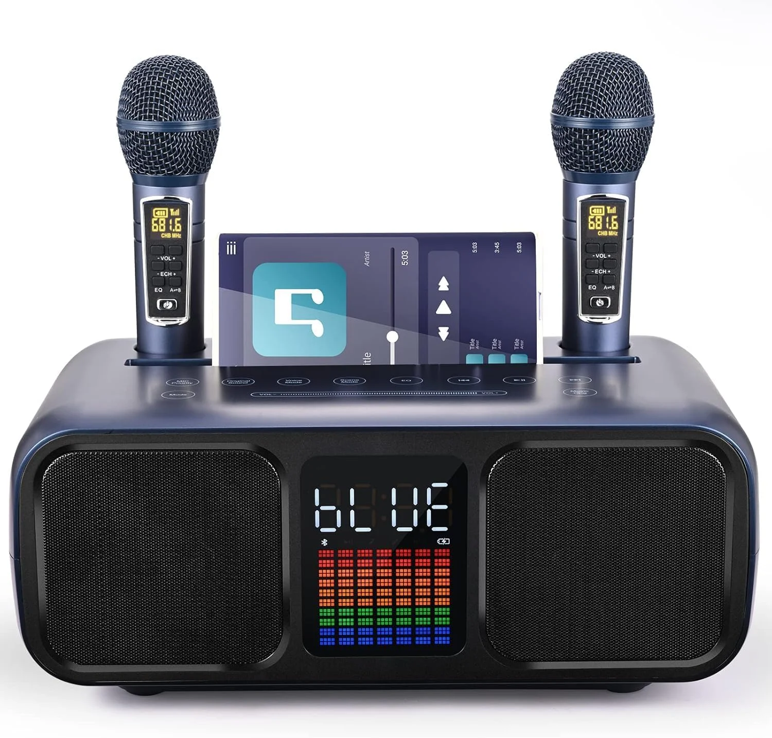 دستگاه کارائوکه قابل حمل WavesDigital با 2 میکروفون بی سیم، بلندگوی بلوتوث، چراغ های LED، صفحه لمسی، پایه تلفن، پشتیبانی از ورودی های متعدد برای کودکان و بزرگسالان