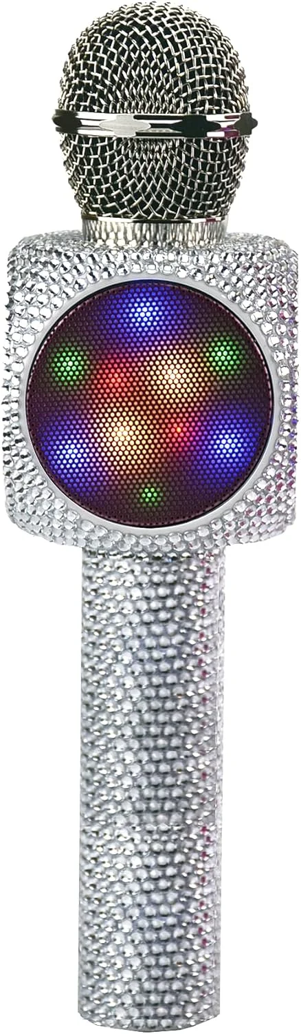 میکروفون کارائوکه بلوتوثی و اسپیکر استریو بلوتوثی همه کاره (نقره ای براق با توپ دیسکو)