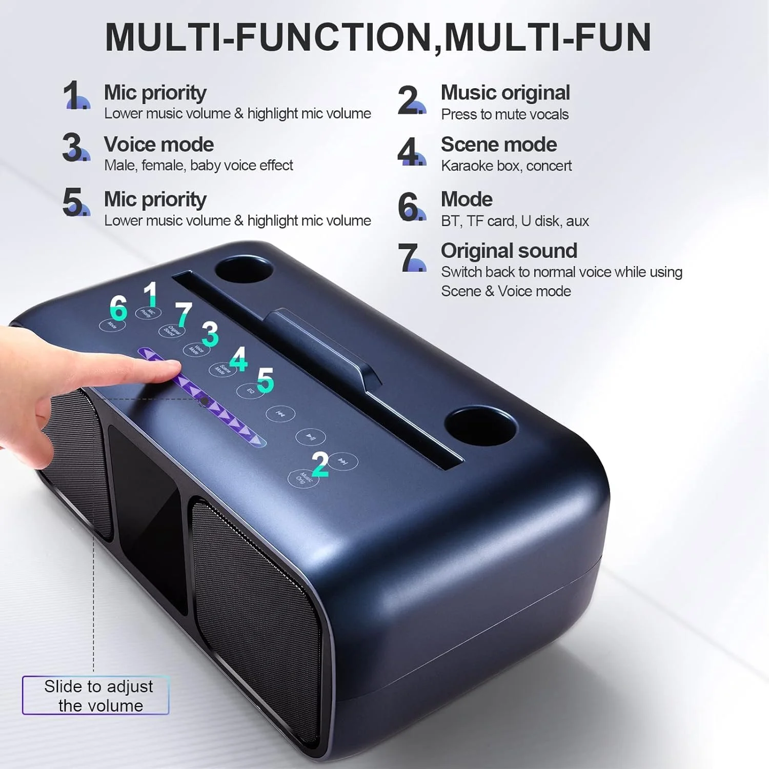 دستگاه کارائوکه قابل حمل WavesDigital با 2 میکروفون بی سیم، بلندگوی بلوتوث، چراغ های LED، صفحه لمسی، پایه تلفن، پشتیبانی از ورودی های متعدد برای کودکان و بزرگسالان دستگاه کارائوکه قابل حمل WavesDigital با 2 میکروفون بی سیم، بلندگوی بلوتوث، چراغ های LED، صفحه لمسی، پایه تلفن، پشتیبانی از ورودی های متعدد برای کودکان و بزرگسالان