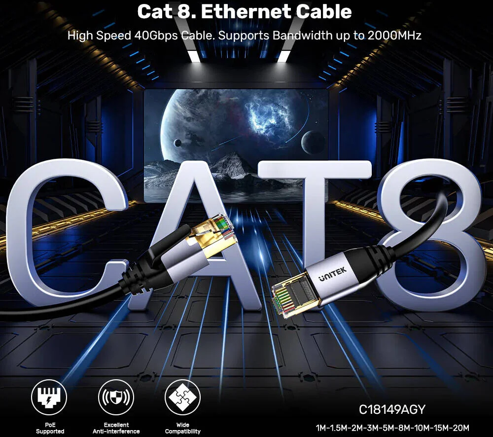کابل اترنت Cat 8 یونیتک، سرعت انتقال 40 گیگابیت بر ثانیه، پهنای باند 2000 مگاهرتز، جنس رسانا مس بدون اکسیژن، اندازه رسانا 26AWG OD6.8MM، طول کابل 20 متر، مشکی | C18149AGY03-20M