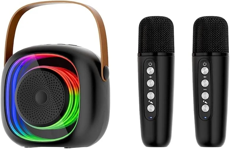 دستگاه کارائوکه کوچک VyonNe برای کودکان و بزرگسالان، اسپیکر کارائوکه بلوتوث قابل حمل با 2 میکروفون بی سیم و فلش LED پویا، مناسب مهمانی خانگی، هدیه تولد برای دختران و پسران (A)