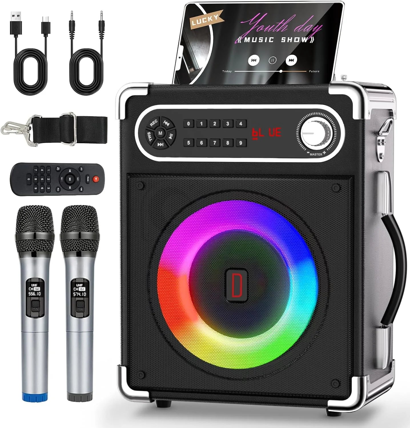 دستگاه کارائوکه با 2 میکروفون بی سیم، بلندگوی بلوتوثی 5.1 قابل حمل برای بزرگسالان و کودکان، تنظیم بیس/تریبل، سیستم PA با کنترل از راه دور، چراغ ها، پشتیبانی از کارت TF/USB