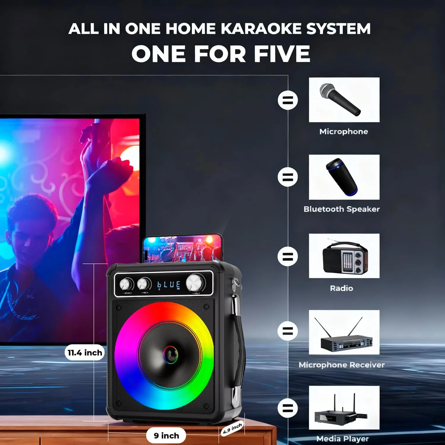 دستگاه کارائوکه T-03، اسپیکر کارائوکه بلوتوث قابل حمل با 2 میکروفون بی سیم، سیستم PA برای کودکان و بزرگسالان با چراغ های LED، پشتیبانی از REC/FM/AUX/USB/TF برای مهمانی های خانگی