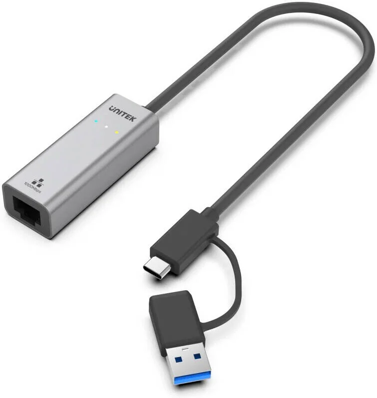 آداپتور USB به گیگابیت اترنت Unitek، سرعت انتقال داده تا 5 گیگابیت بر ثانیه، تغذیه از طریق USB، بدنه آلومینیومی، نصب آسان، طول کابل 30 سانتی متر، خاکستری فضایی | Y-3465A