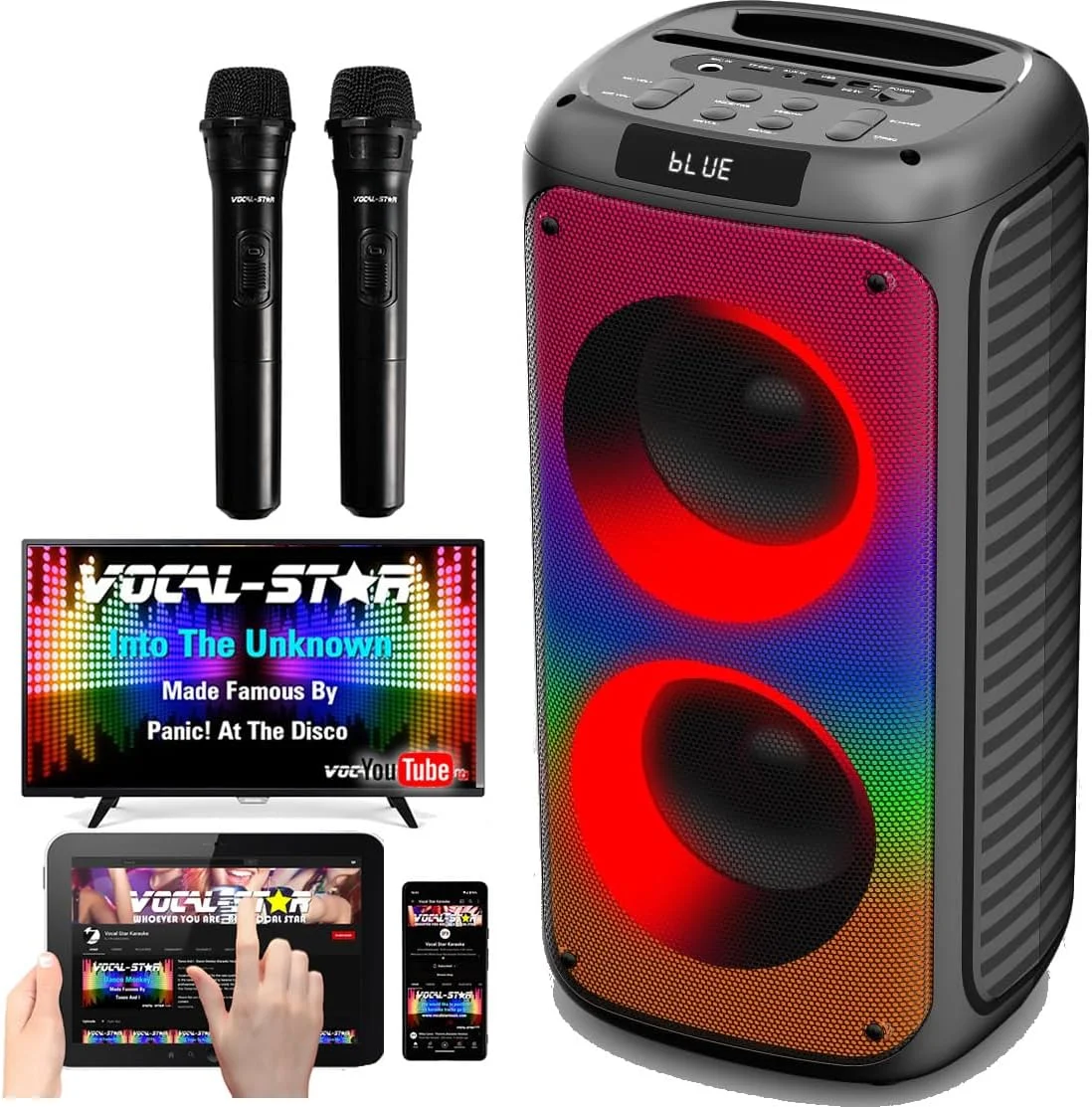 دستگاه کارائوکه بلوتوث قابل حمل Vocal-Star، 2 میکروفون، بلندگوی 100 واتی، 6 جلوه نور LED خیره کننده، ضبط صدا، TWS، AUX، قابل شارژ