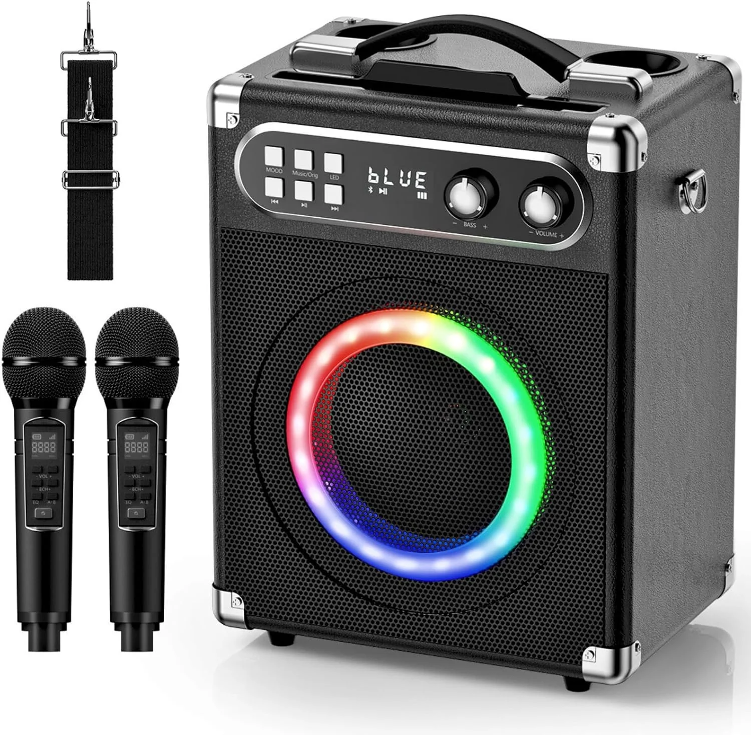 دستگاه کارائوکه قابل حمل، دستگاه کارائوکه حرفه ای با 2 میکروفون بی سیم UHF، سیستم PA با لامپ DJ، ایده آل برای کارائوکه خانوادگی، مهمانی های آواز، عروسی ها (مشکی)