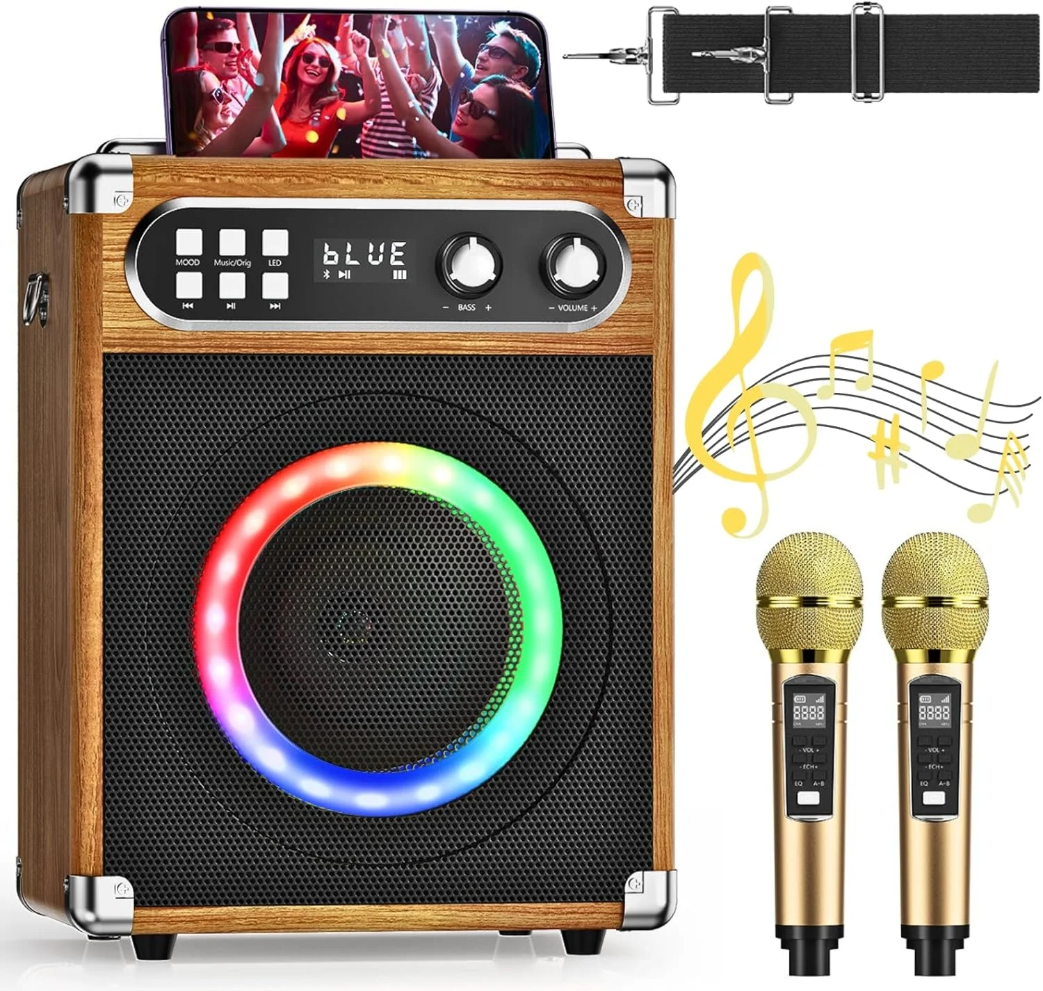 دستگاه کارائوکه قابل حمل، دستگاه کارائوکه حرفه ای با 2 میکروفون بی سیم UHF، سیستم PA با لامپ DJ، ایده آل برای کارائوکه خانوادگی، مهمانی های آواز، عروسی ها
