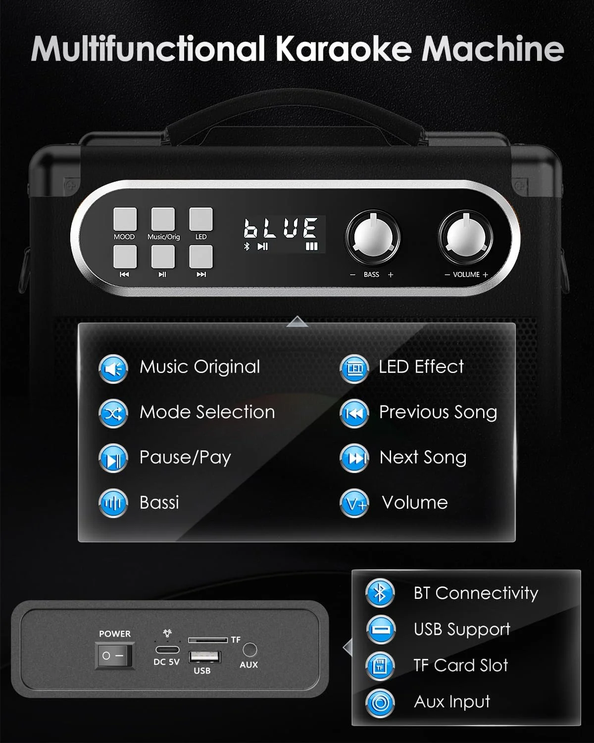 دستگاه کارائوکه قابل حمل، دستگاه کارائوکه حرفه ای با 2 میکروفون بی سیم UHF، سیستم PA با لامپ DJ، ایده آل برای کارائوکه خانوادگی، مهمانی های آواز، عروسی ها (مشکی)