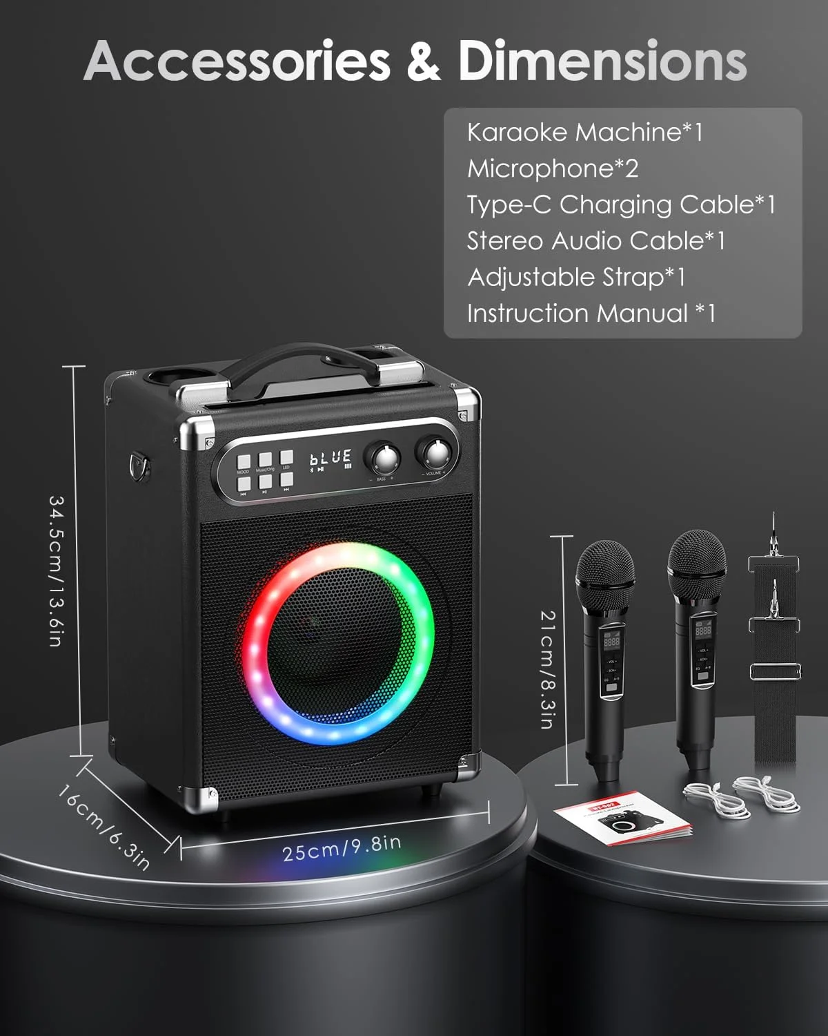 دستگاه کارائوکه قابل حمل، دستگاه کارائوکه حرفه ای با 2 میکروفون بی سیم UHF، سیستم PA با لامپ DJ، ایده آل برای کارائوکه خانوادگی، مهمانی های آواز، عروسی ها (مشکی)