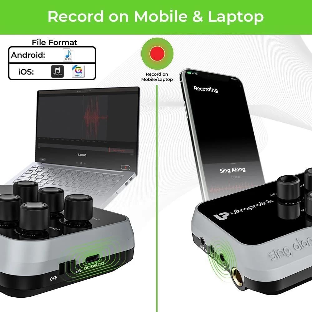 میکسر کارائوکه بلوتوثی ULTRAPROLINK مدل Sing Along UM1002 با قابلیت ضبط صدا، میکروفون و آمپلی فایر گیرنده بلوتوث با افکت اکو برای تلفن های همراه