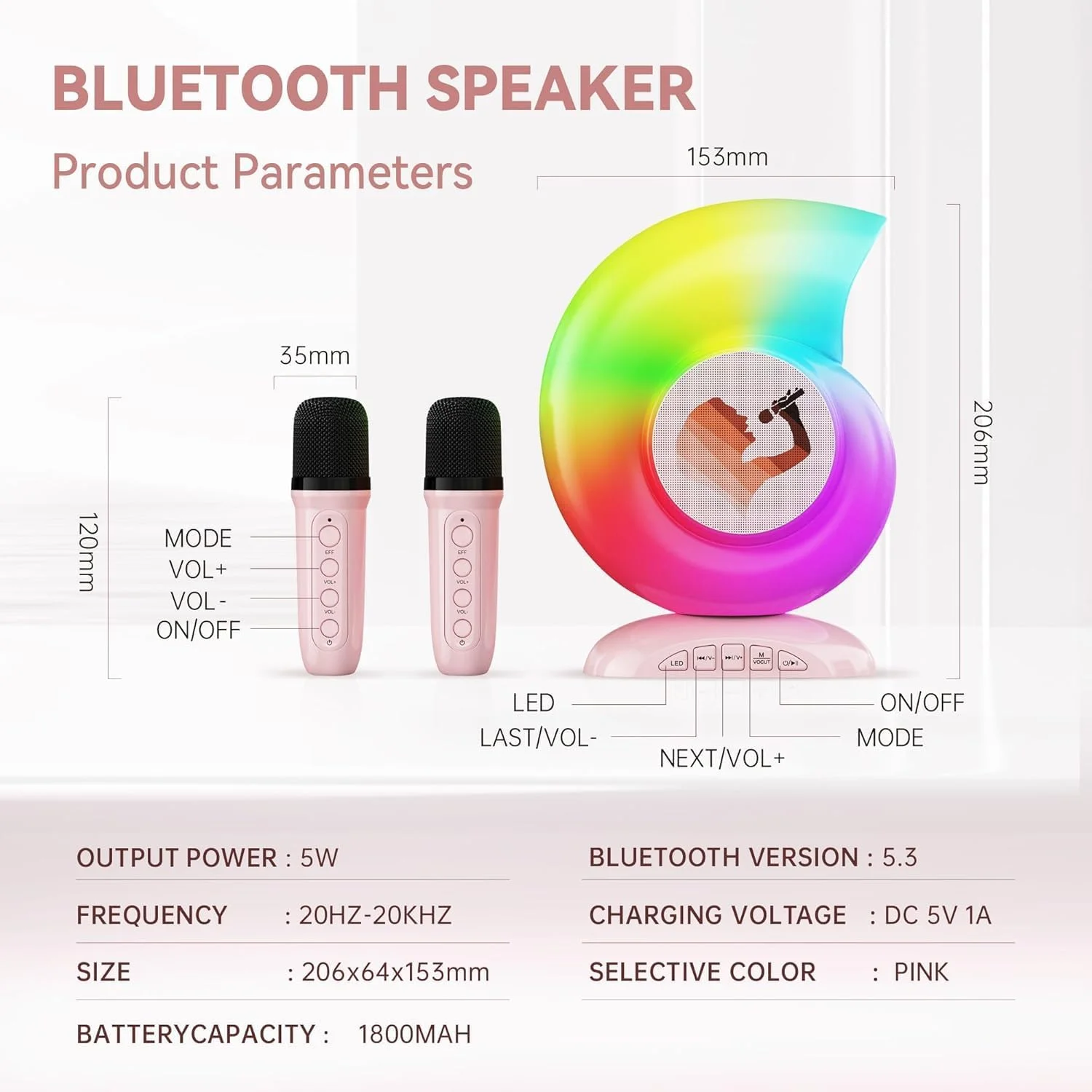 اسپیکر بلوتوث کارائوکه | توان خروجی 5 وات، دو میکروفون بی سیم، چراغ های رنگی LED | حالت های پخش چندگانه، صورتی، صوتی خانگی و مهمانی