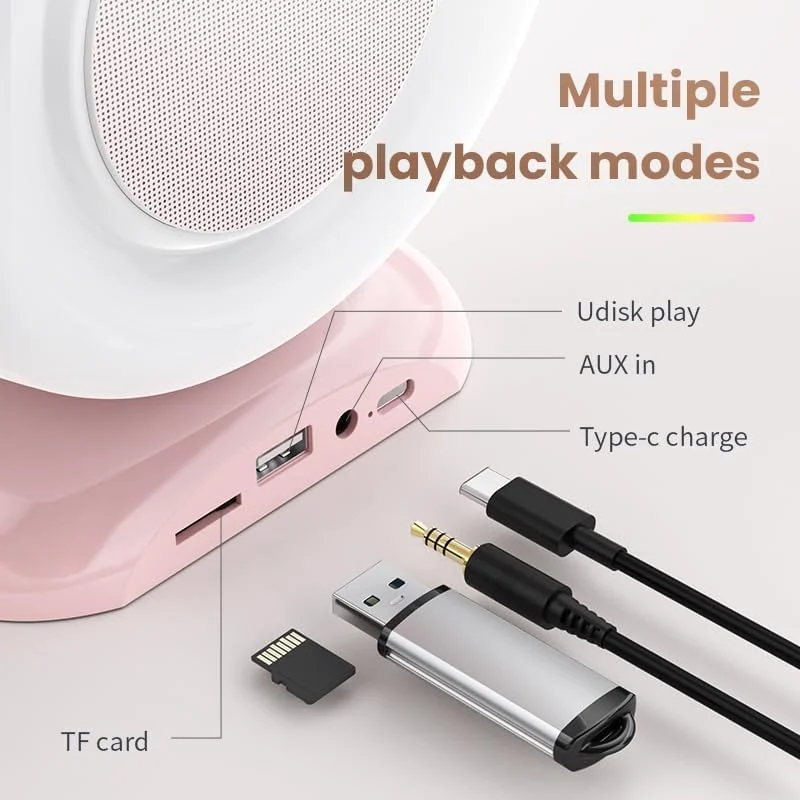 اسپیکر بلوتوث کارائوکه | توان خروجی 5 وات، دو میکروفون بی سیم، چراغ های رنگی LED | حالت های پخش چندگانه، صورتی، صوتی خانگی و مهمانی