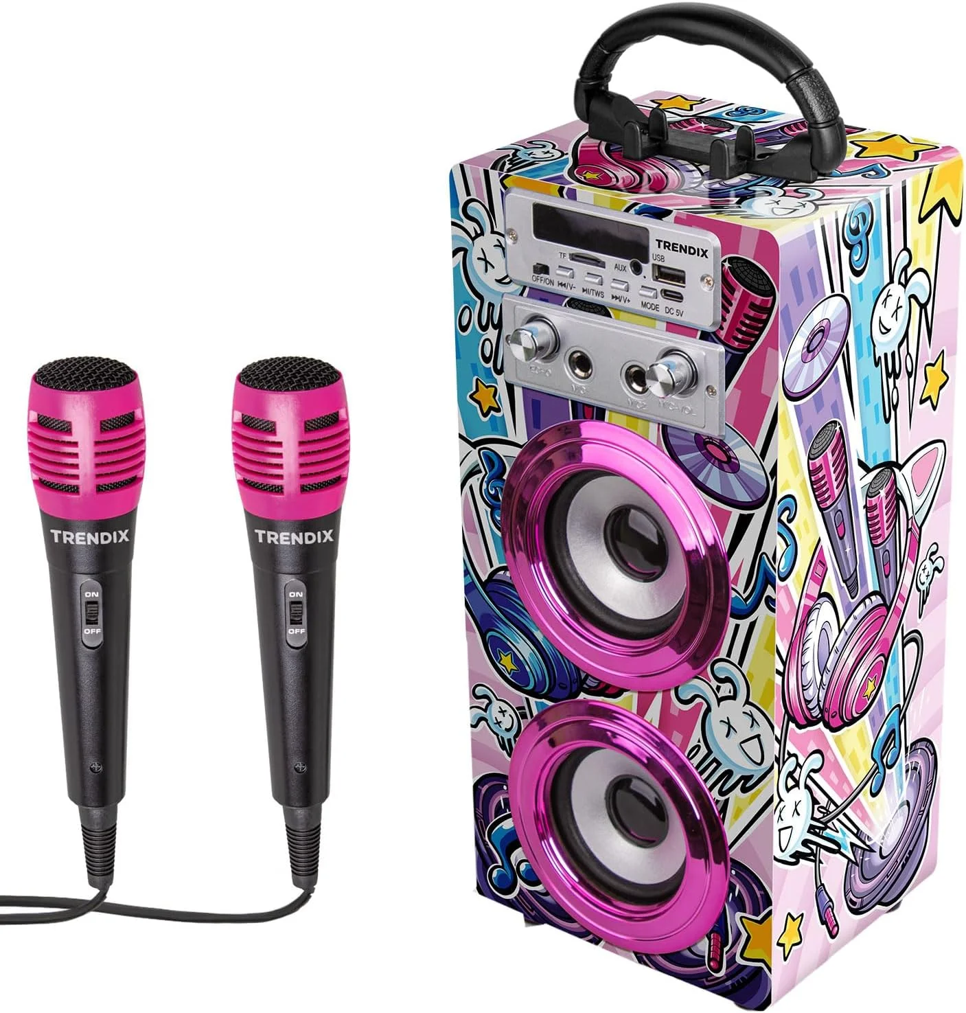 TRENDIX - کارائوکه کودکانه صورتی | کارائوکه با 2 میکروفون، رادیو FM، USB، بلوتوث و SD | هدیه دخترانه 5 سال - 16 سال | کارائوکه کودکان و دختران | کارائوکه قابل حمل