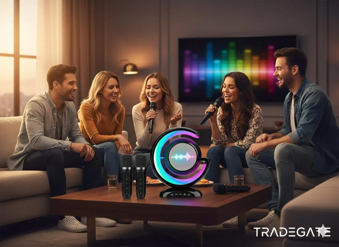 ست اسپیکر کارائوکه بلوتوث بی‌سیم – نورپردازی LED، 2 میکروفون، پشتیبانی از TF و USB، طراحی قابل حمل، سرگرمی خانگی و مهمانی