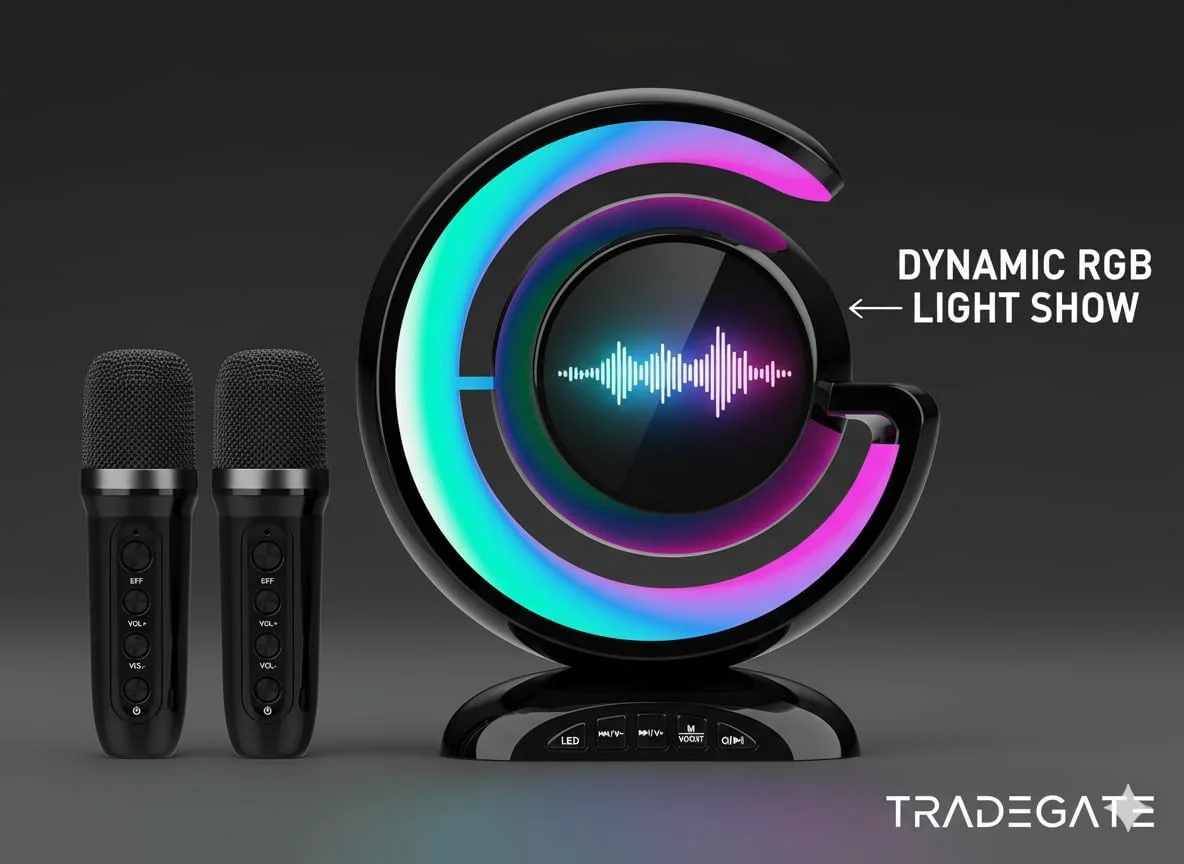 ست اسپیکر کارائوکه بلوتوث بی‌سیم – نورپردازی LED، 2 میکروفون، پشتیبانی از TF و USB، طراحی قابل حمل، سرگرمی خانگی و مهمانی