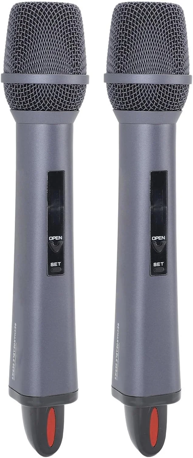 میکروفون بی‌سیم دوتایی، سیستم میکروفون دینامیک بی‌سیم دستی برای کارائوکه، عروسی، کاربری آسان، ساخت بادوام، عملکردهای حفاظتی، حساسیت بالای دریافت صدا