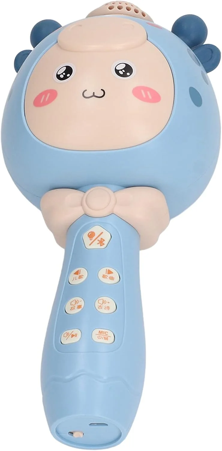 میکروفون کودکانه، میکروفون کودکانه طرح کارتونی، دارای BT داخلی، قابل شارژ، بی سیم و قابل حمل برای آواز خواندن در سفرهای ماشینی (آبی)