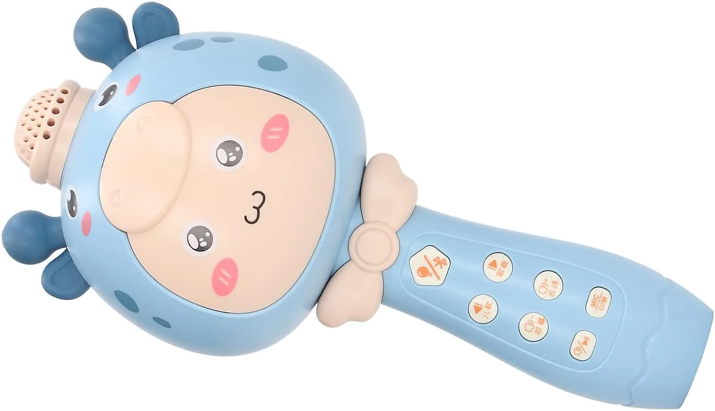 میکروفون کودکانه، میکروفون کودکانه طرح کارتونی، دارای BT داخلی، قابل شارژ، بی سیم و قابل حمل برای آواز خواندن در سفرهای ماشینی (آبی)