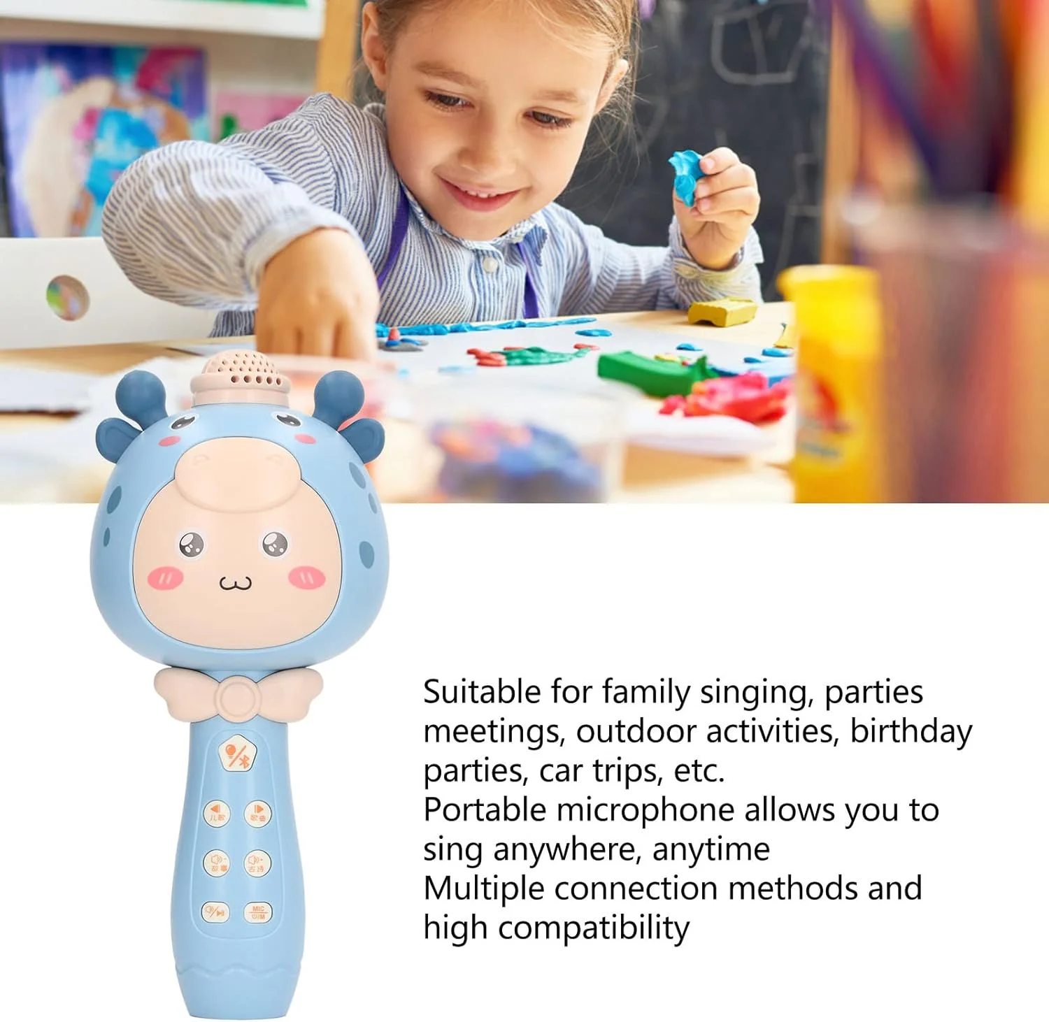 میکروفون کودکانه، میکروفون کودکانه طرح کارتونی، دارای BT داخلی، قابل شارژ، بی سیم و قابل حمل برای آواز خواندن در سفرهای ماشینی (آبی)