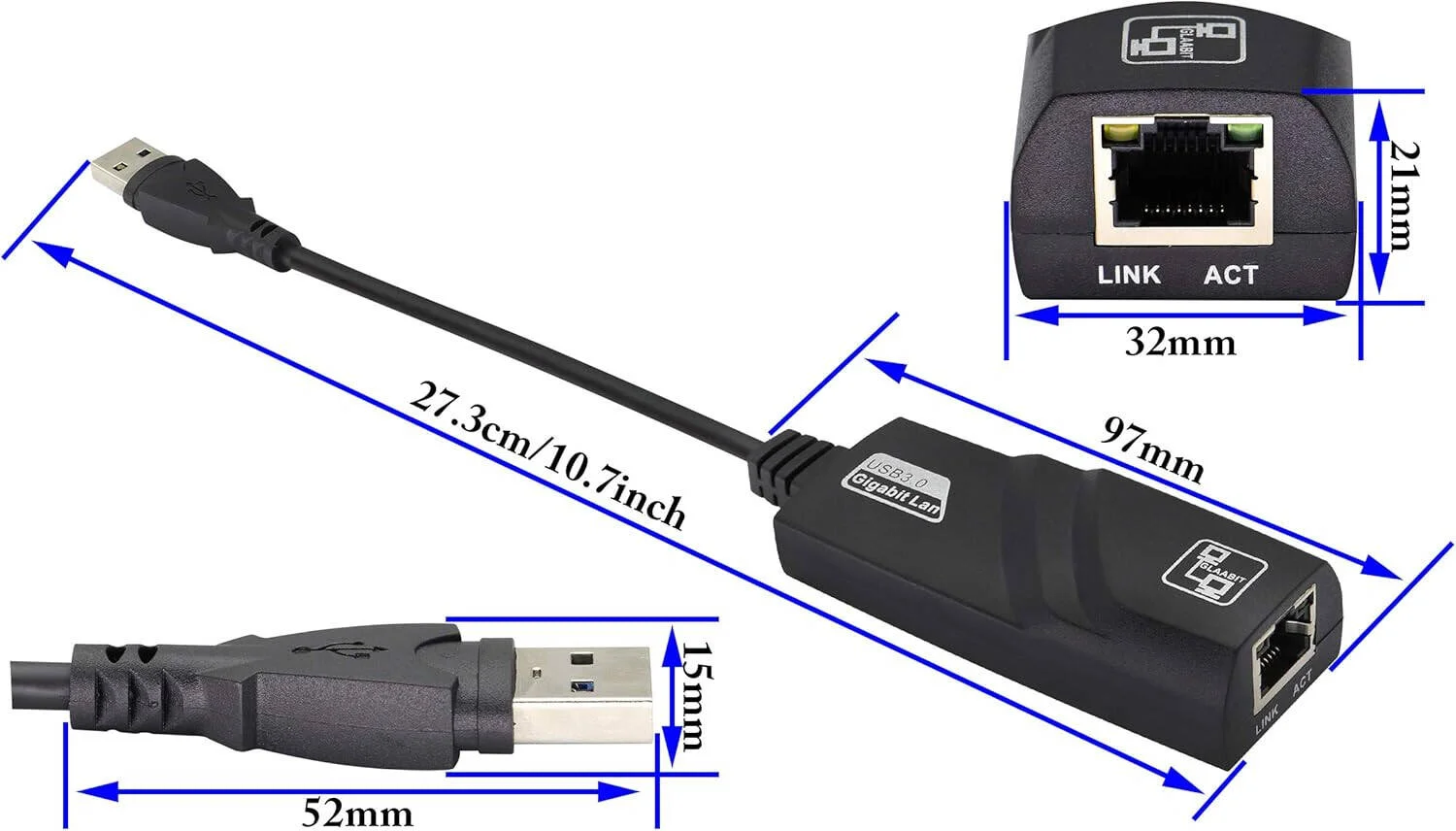 کابل تبدیل USB به اترنت، 10/100/1000 مگابیت بر ثانیه، USB 3.0، سازگار با سیستم‌عامل‌های ویندوز 10/8.1/8/7/Vista/XP، مک، کروم، اندروید، لینوکس، مشکی | USB به اترنت