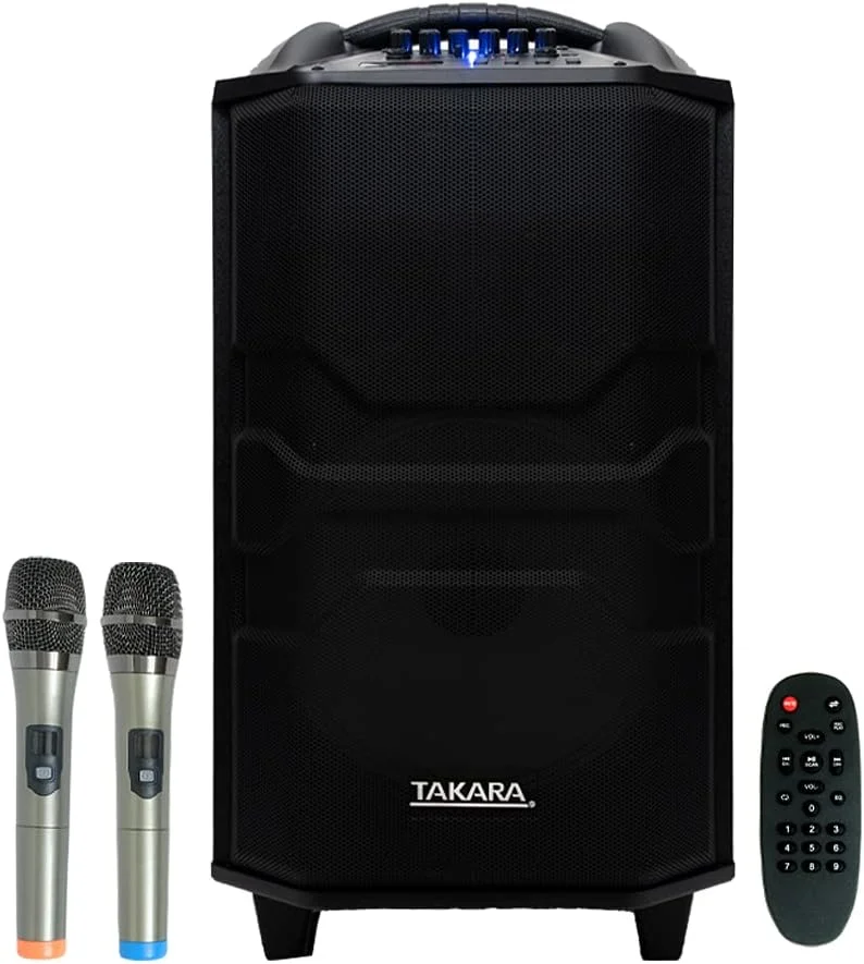 اسپیکر کارائوکه چرخ دار 12 اینچ Takara، ساب ووفر قابل حمل چند رسانه ای بلوتوثی؛ ضبط صدا؛ USB; SD; TF; سیستم PA AUX با 2 میکروفون بی سیم UHF؛ کنترل از راه دور؛ FM (مشکی)