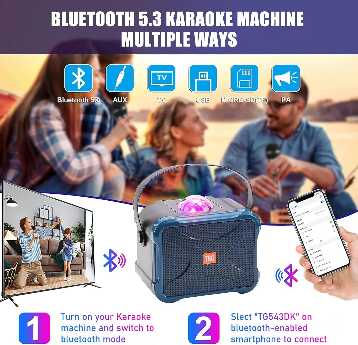 دستگاه کارائوکه TDOO با 2 میکروفون بی سیم برای بزرگسالان و کودکان، اسپیکر بلوتوث قابل حمل سیستم PA، دستگاه آواز خواندن با اکو و حذف صدا، پشتیبانی از TF، AUX-in، برای مهمانی خانگی، جلسه (آبی)