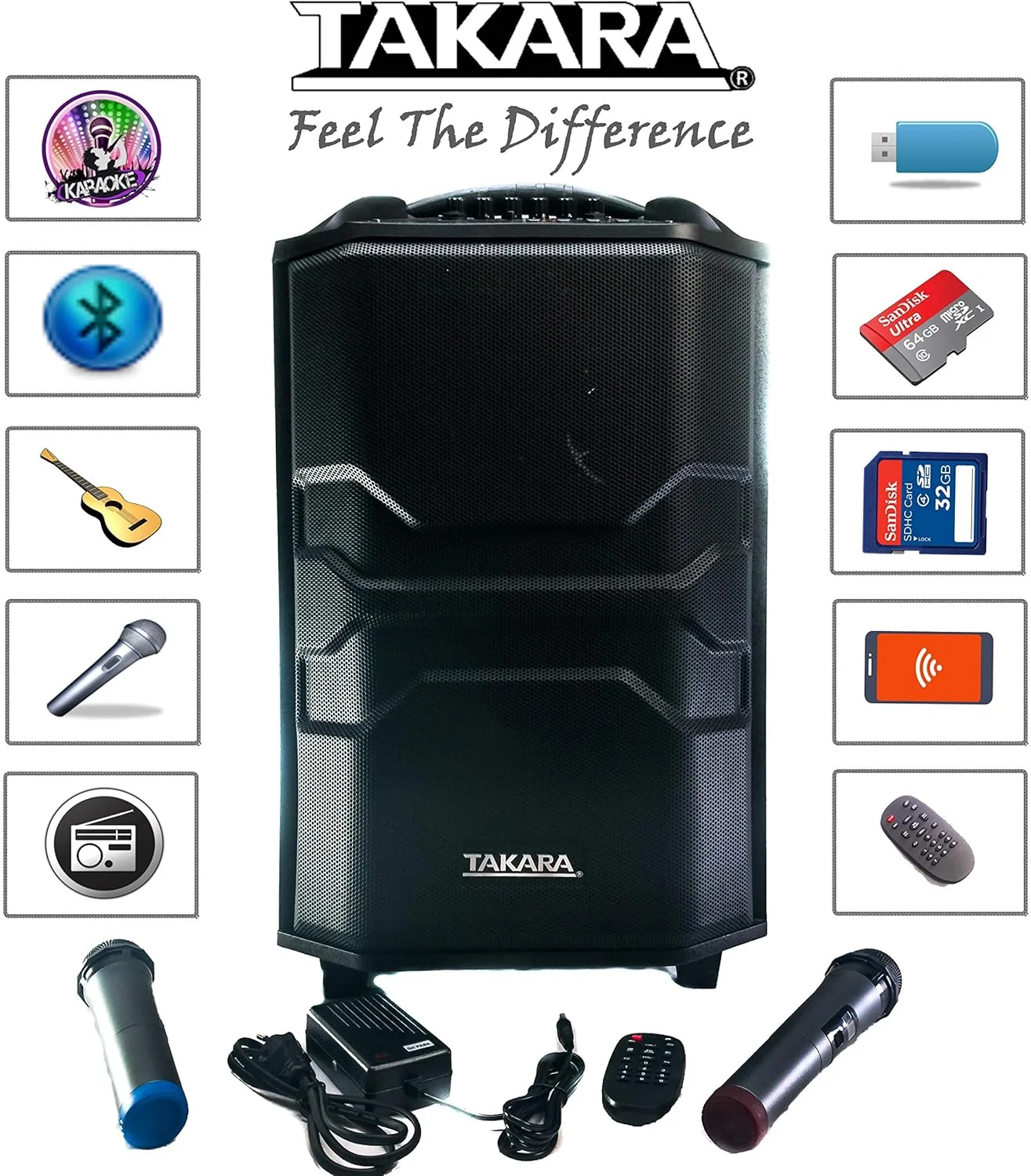 اسپیکر کارائوکه چرخ دار 12 اینچ Takara، ساب ووفر قابل حمل چند رسانه ای بلوتوثی؛ ضبط صدا؛ USB; SD; TF; سیستم PA AUX با 2 میکروفون بی سیم UHF؛ کنترل از راه دور؛ FM (مشکی)