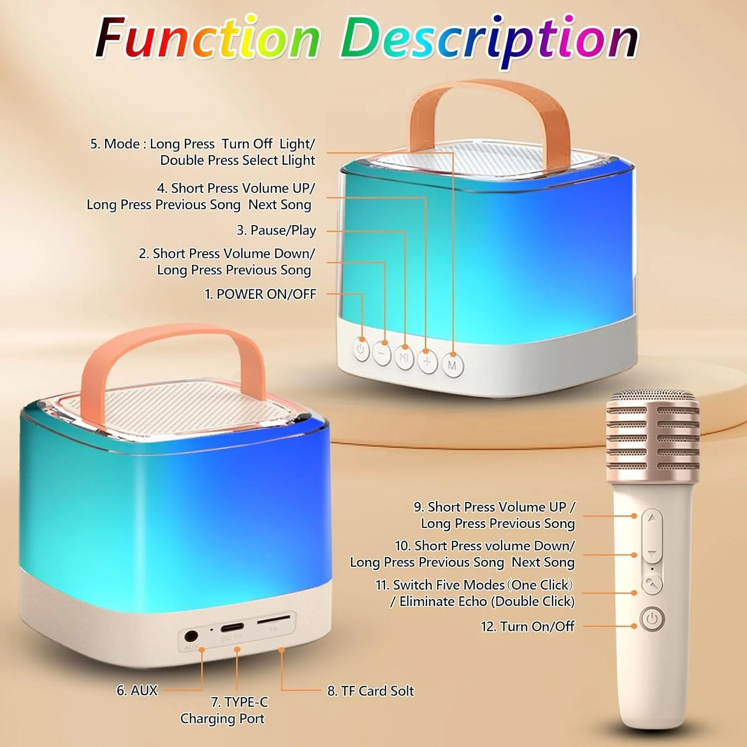 دستگاه کارائوکه کوچک TDOO با 2 میکروفون بی سیم، بلندگوی بلوتوث قابل حمل با نور RGB، دستگاه آواز خواندن با اکو و قطع صدا، پشتیبانی از TF، AUX-in، برای مهمانی خانگی، جلسه