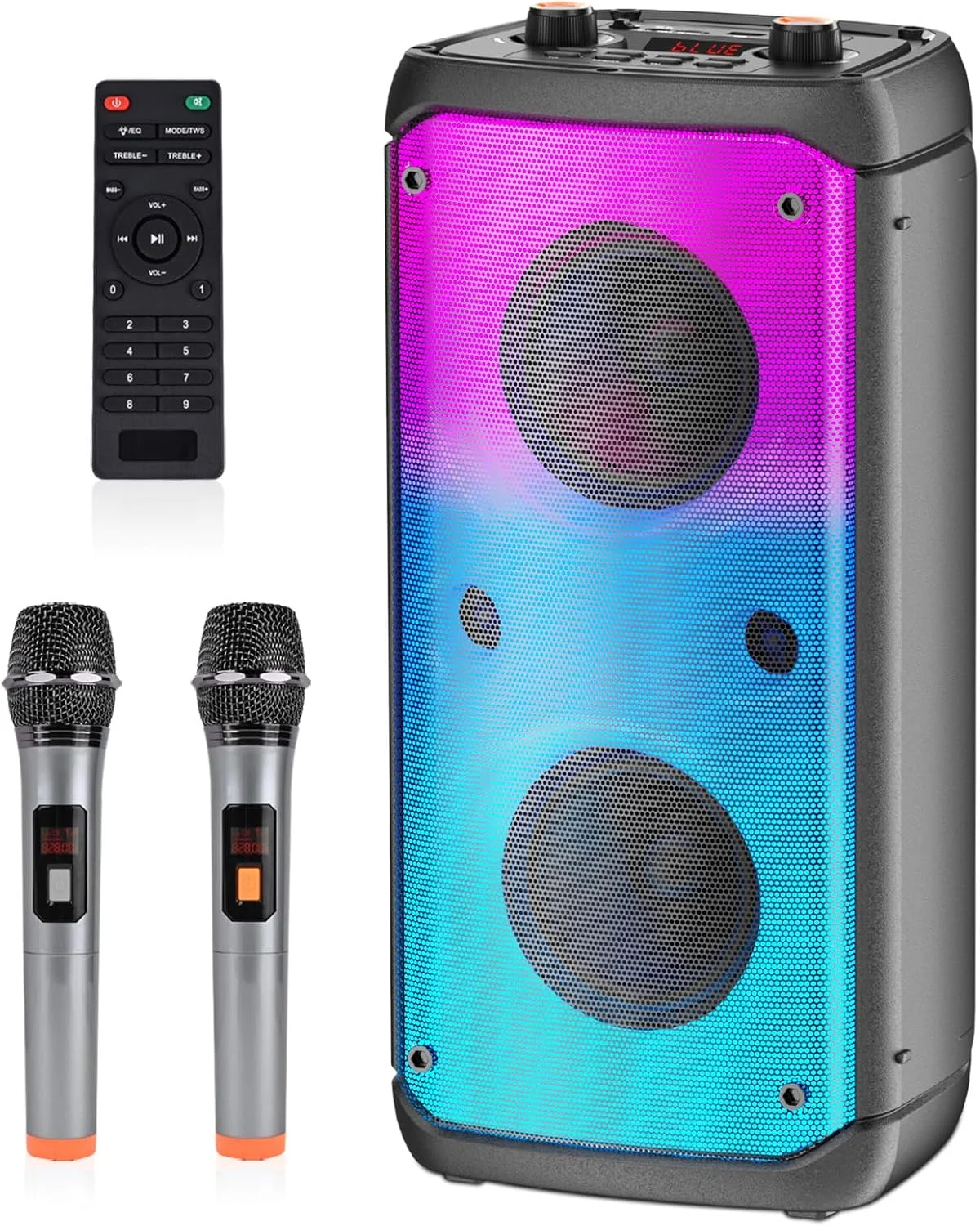 دستگاه کارائوکه با 2 میکروفون بی سیم، دستگاه کارائوکه قابل حمل برای بزرگسالان و کودکان، سیستم PA با چراغ های LED، بلندگوی بلوتوث کارائوکه از کارت TF/USB، AUX پشتیبانی می کند