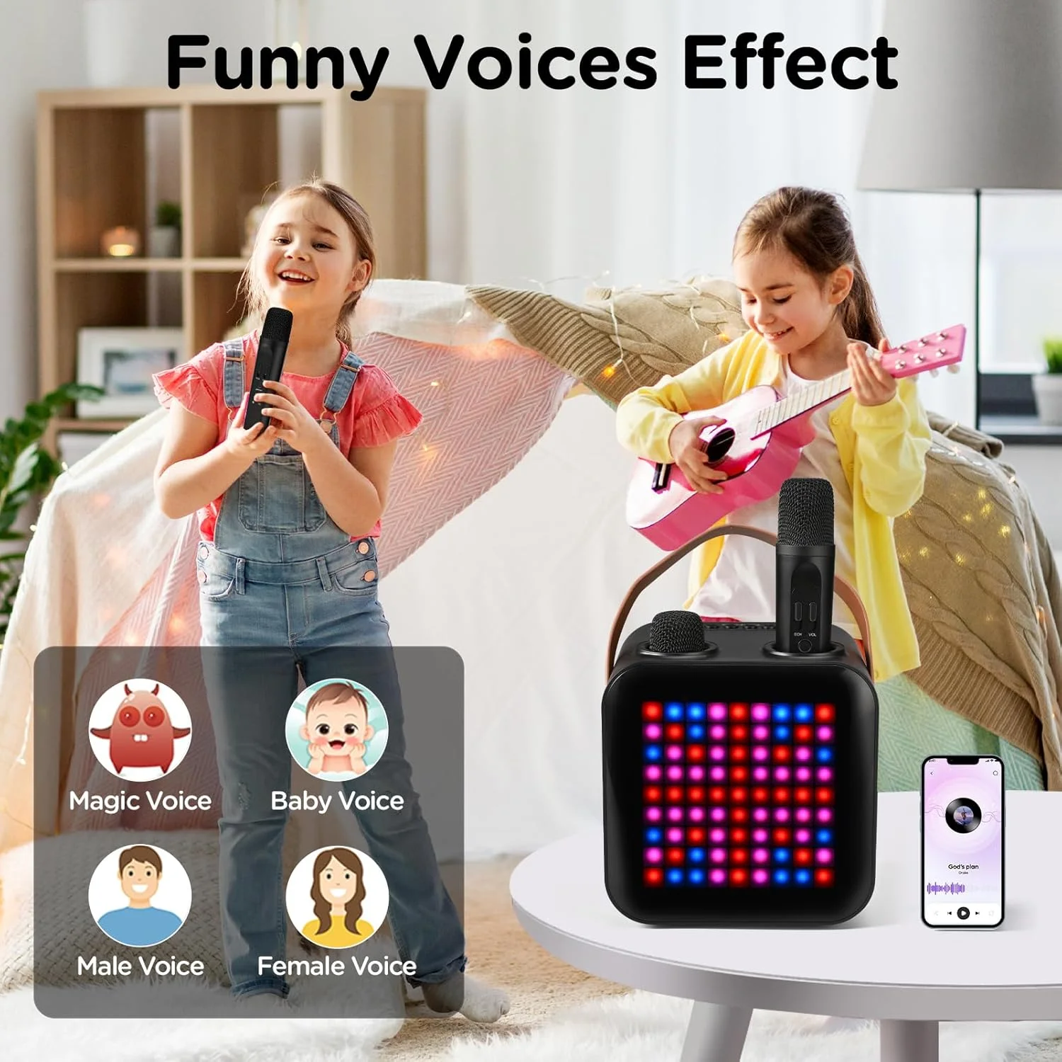 دستگاه کارائوکه قابل حمل SUNYIN با دو میکروفون بی سیم، سیستم بلندگوی PA قابل شارژ برای کودکان و بزرگسالان، 18 الگوی LED، پشتیبانی از TWS/Radio/AUX/REC، صدای خنده دار (مشکی)