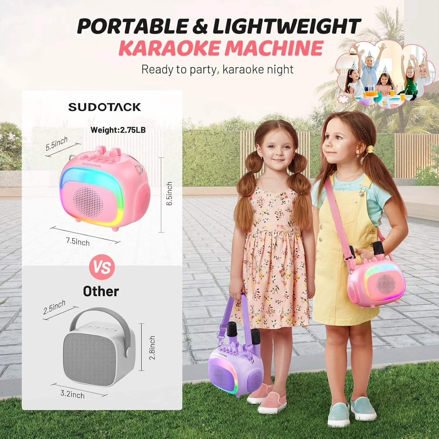 دستگاه کارائوکه کوچک سودوتاک مدل KM100، اسپیکر کارائوکه بلوتوث قابل حمل با 2 میکروفون بی سیم و چراغ های LED برای مهمانی خانگی، هدیه تولد برای دختران و پسران (صورتی)