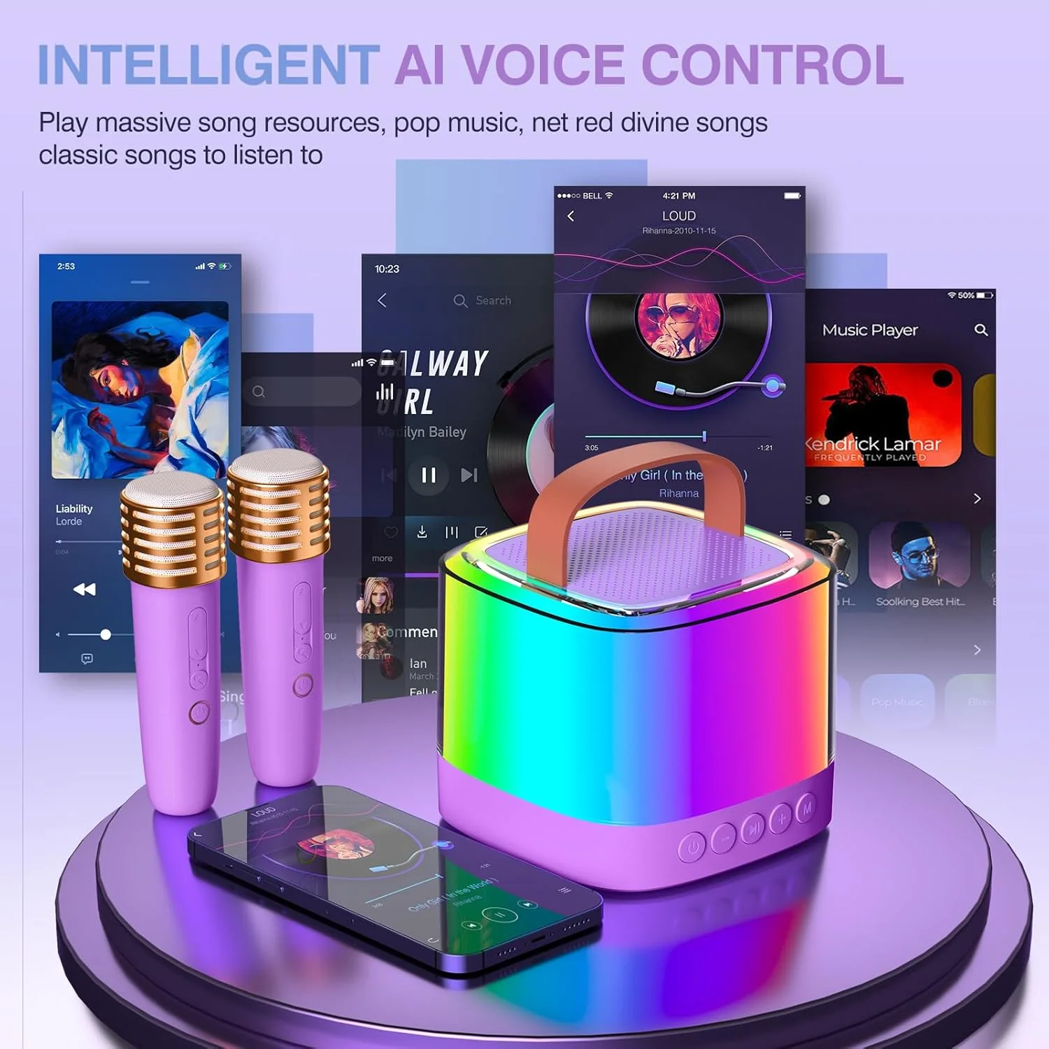 دستگاه کارائوکه کوچک برای کودکان و بزرگسالان، اسپیکر کارائوکه بلوتوث قابل حمل با 2 میکروفون بی سیم و چراغ های رنگی LED، مناسب داخل ماشین، مهمانی، KTV خانگی، تولد برای دختران/پسران 3-12+ سال، بنفش