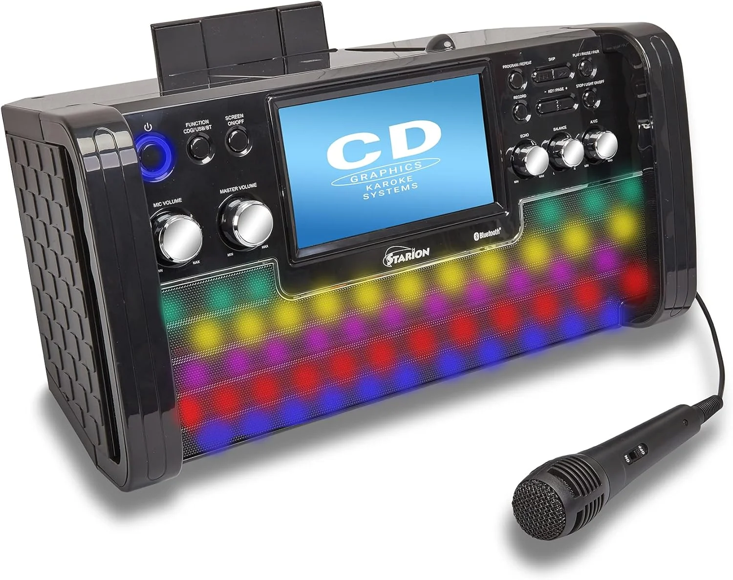 دستگاه کارائوکه بلوتوثی قابل حمل Starion KS780-B با صفحه نمایش 7 اینچی TFT، بلندگوهای استریو، نگهدارنده تبلت جداشدنی، USB برای ضبط و پخش MP3، میکروفون و جلوه های نوری