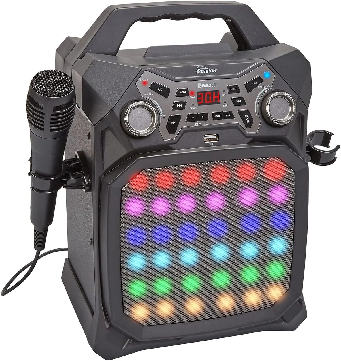 دستگاه کارائوکه بلوتوث قابل حمل Starion KS350-B | بلندگوی داخلی | نگهدارنده تبلت | باتری قابل شارژ | پورت USB برای ضبط و پخش MP3 | گیرنده بلوتوث داخلی | نمایش نور