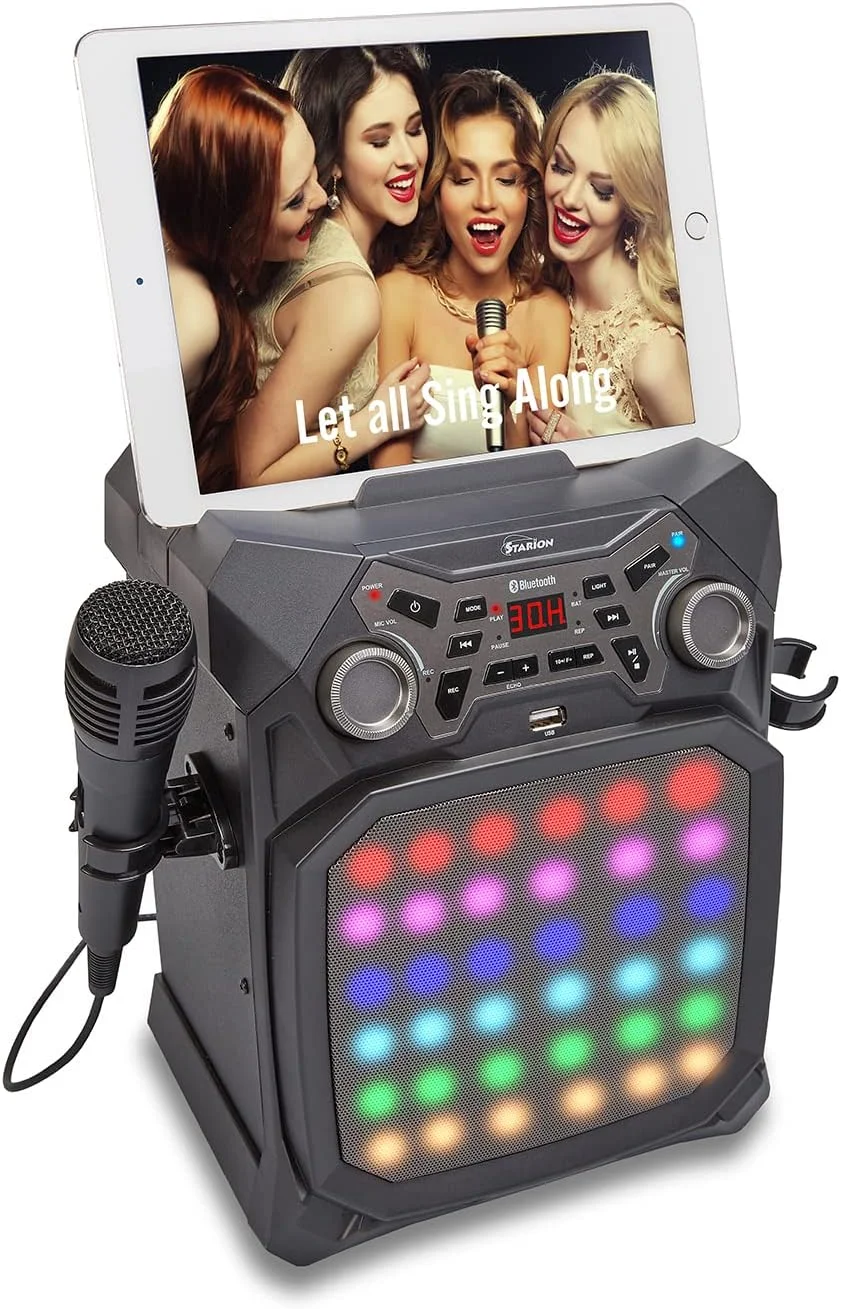 دستگاه کارائوکه بلوتوث قابل حمل Starion KS350-B | بلندگوی داخلی | نگهدارنده تبلت | باتری قابل شارژ | پورت USB برای ضبط و پخش MP3 | گیرنده بلوتوث داخلی | نمایش نور دستگاه کارائوکه بلوتوث قابل حمل Starion KS350-B | بلندگوی داخلی | نگهدارنده تبلت | باتری قابل شارژ | پورت USB برای ضبط و پخش MP3 | گیرنده بلوتوث داخلی | نمایش نور